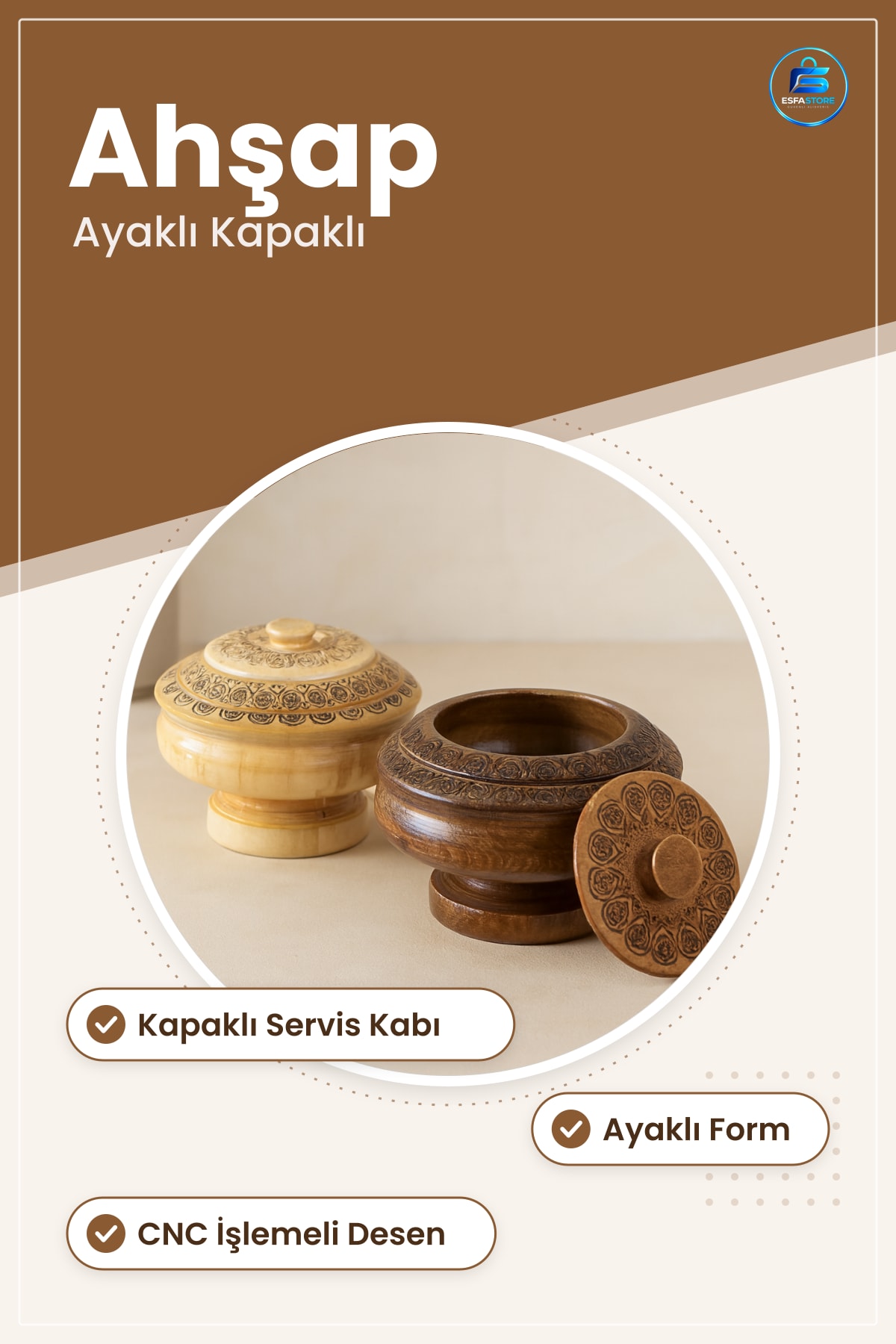 Şekerlik Ahşap Desenli CNC İşlemeli Ayaklı Kapaklı Servis Kabı Kuruyemiş Mutfak Sunumu