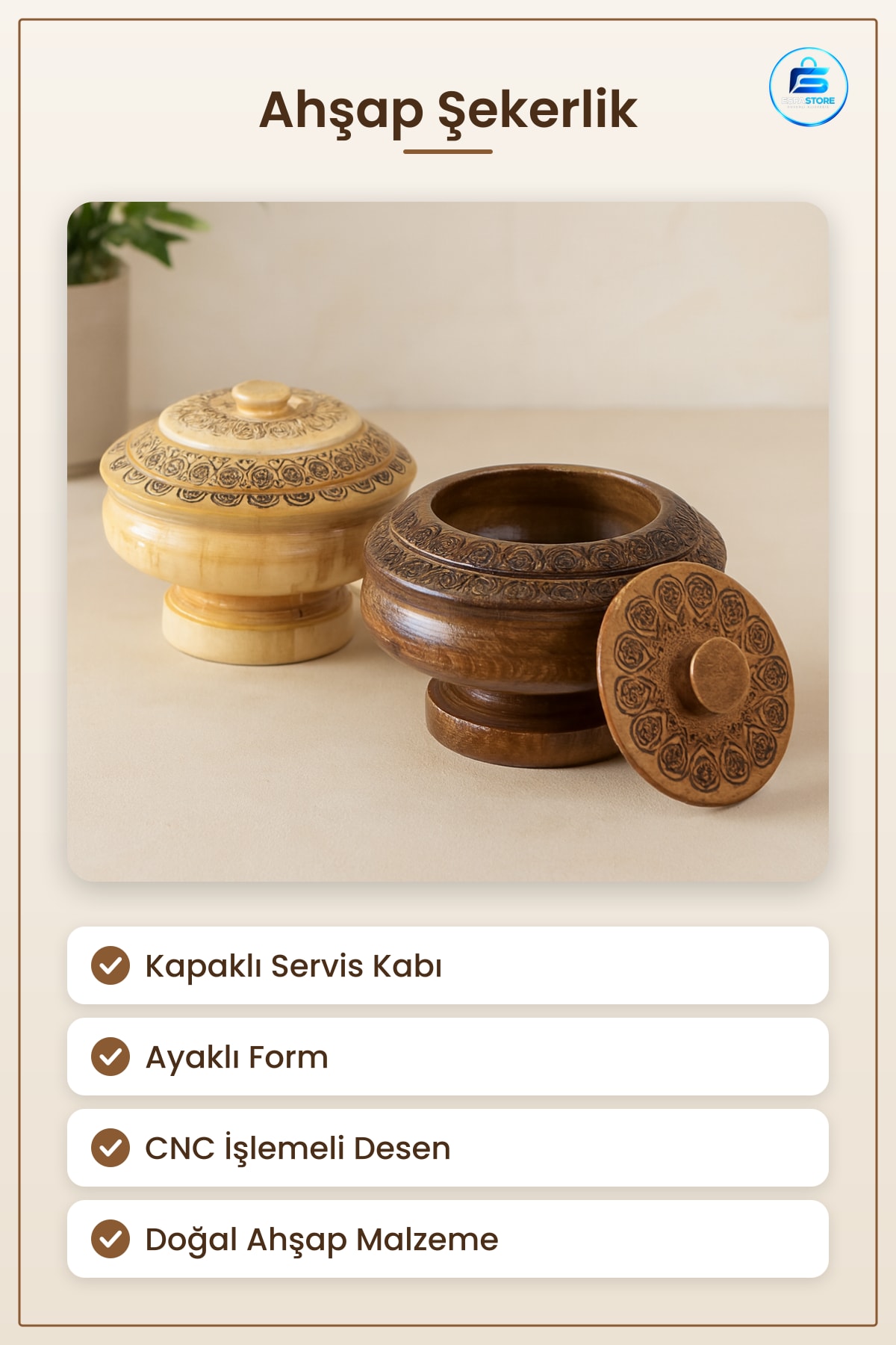 Şekerlik Ahşap Desenli CNC İşlemeli Ayaklı Kapaklı Servis Kabı Kuruyemiş Mutfak Sunumu