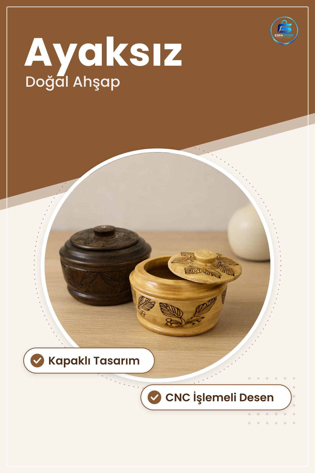 Şekerlik Desenli CNC İşlemeli Kapaklı Doğal Ahşap Ayaksız Sofra İkram Kabı Mutfak Masa Sunumu