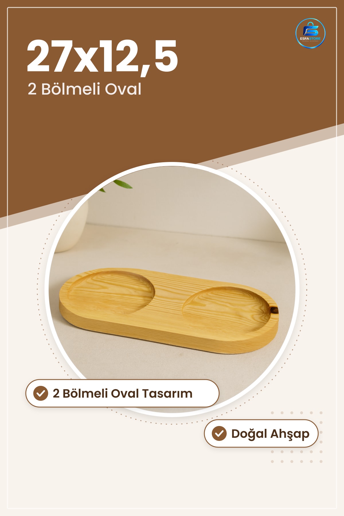 Yağdanlık Altlık 27x12,5 cm Doğal Ahşap 2 Bölmeli Oval Mutfak Masa Servis Tabağı Sos Kabı