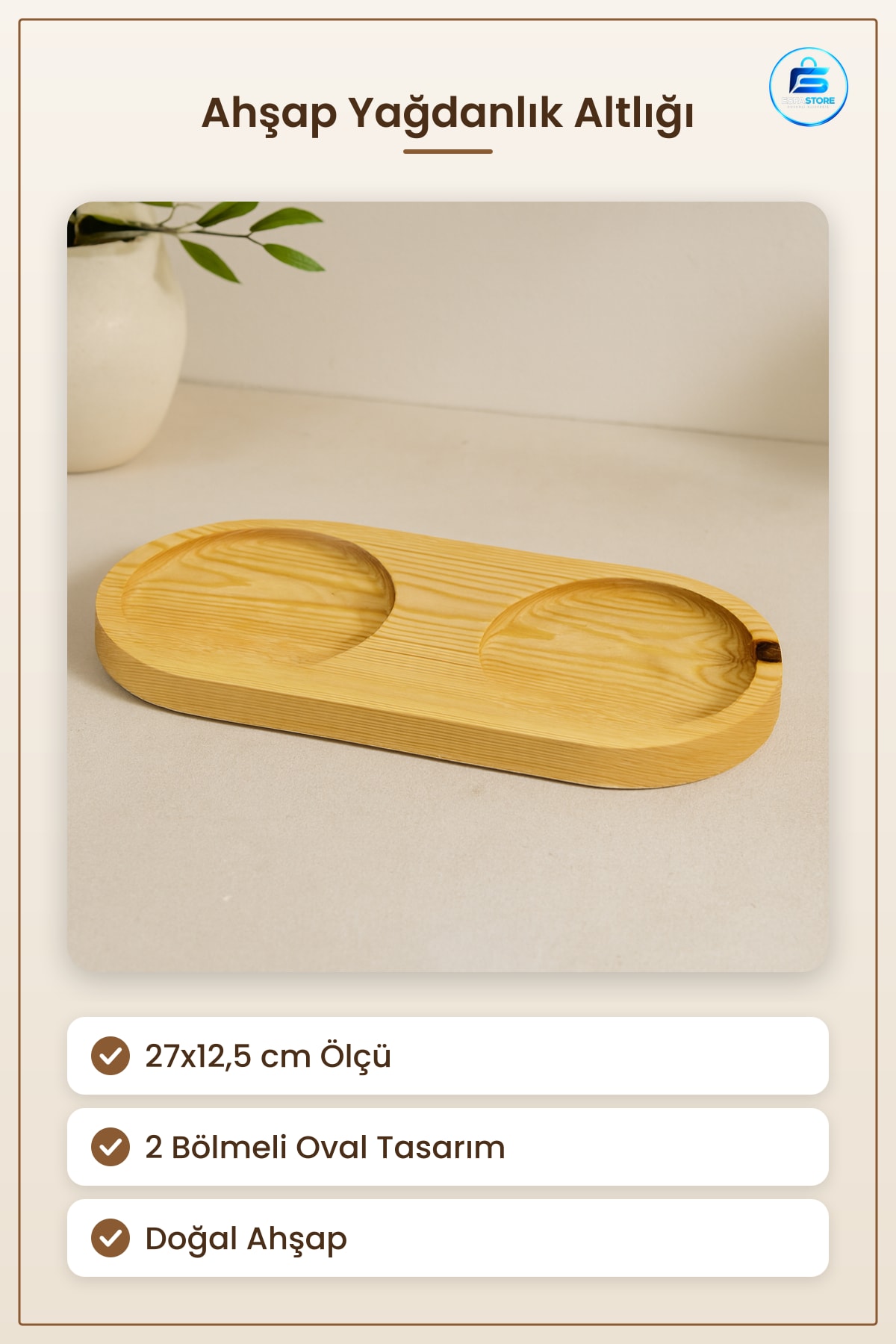Yağdanlık Altlık 27x12,5 cm Doğal Ahşap 2 Bölmeli Oval Mutfak Masa Servis Tabağı Sos Kabı