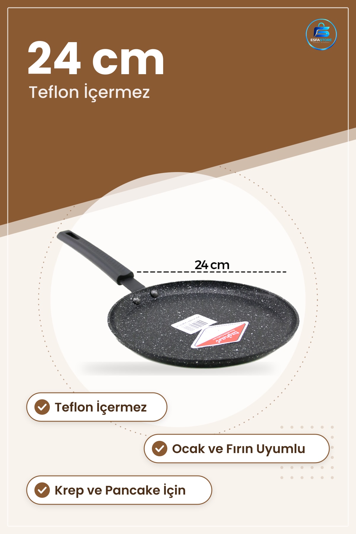 Döküm Krep Tava 24 cm Doğal Yapışmaz Yüzey Pancake Omlet Mutfak Pişirme Ocak ve Fırın Uyumlu