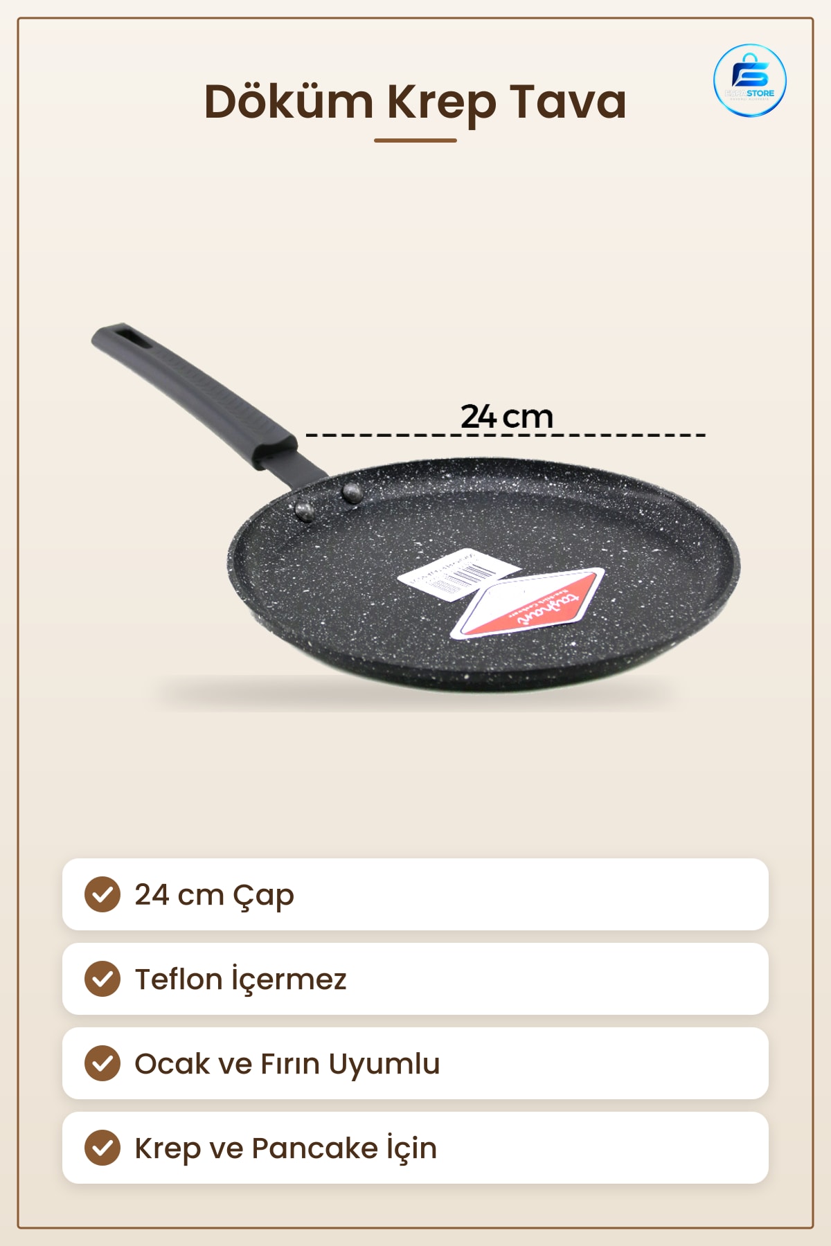 Döküm Krep Tava 24 cm Doğal Yapışmaz Yüzey Pancake Omlet Mutfak Pişirme Ocak ve Fırın Uyumlu