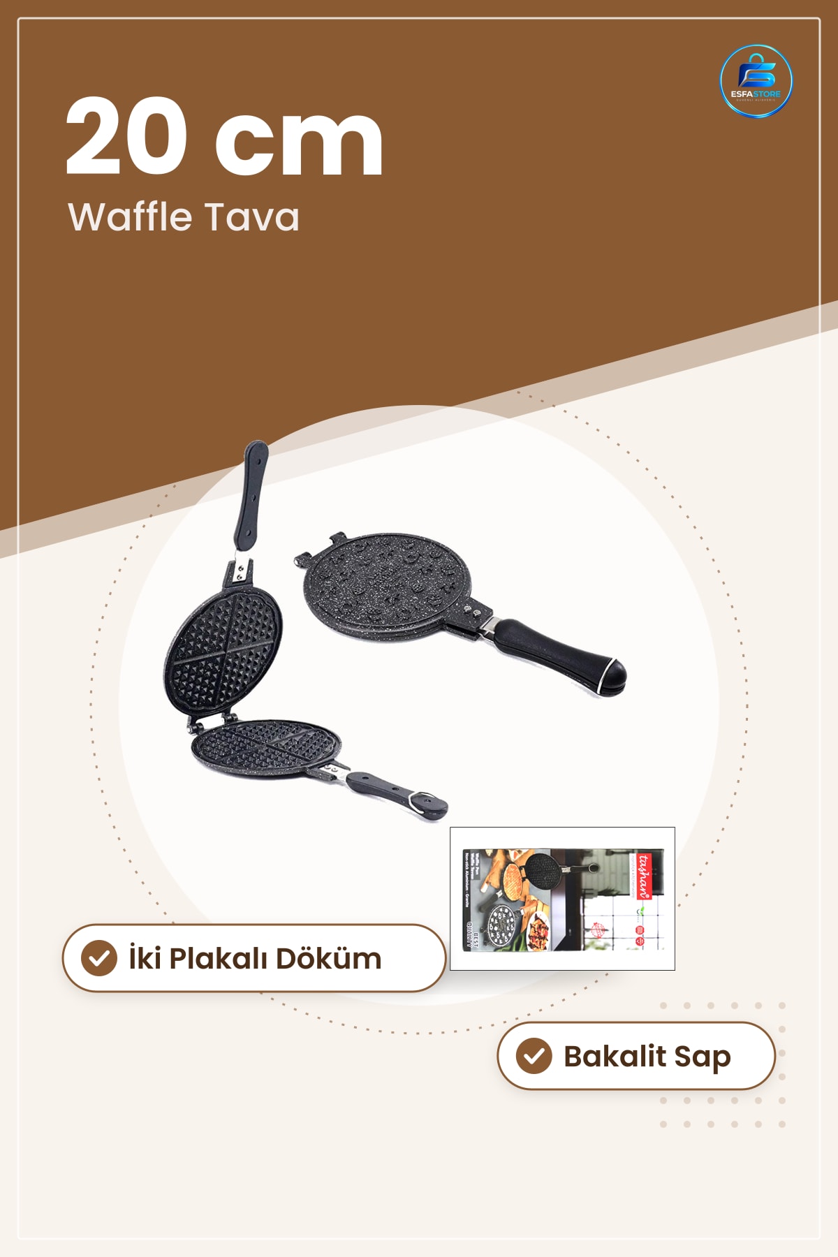 Waffle Tava 20 cm Granit Döküm Yapışmaz Kaplamalı Bakalit Saplı Kahvaltılık Mutfak Tavası