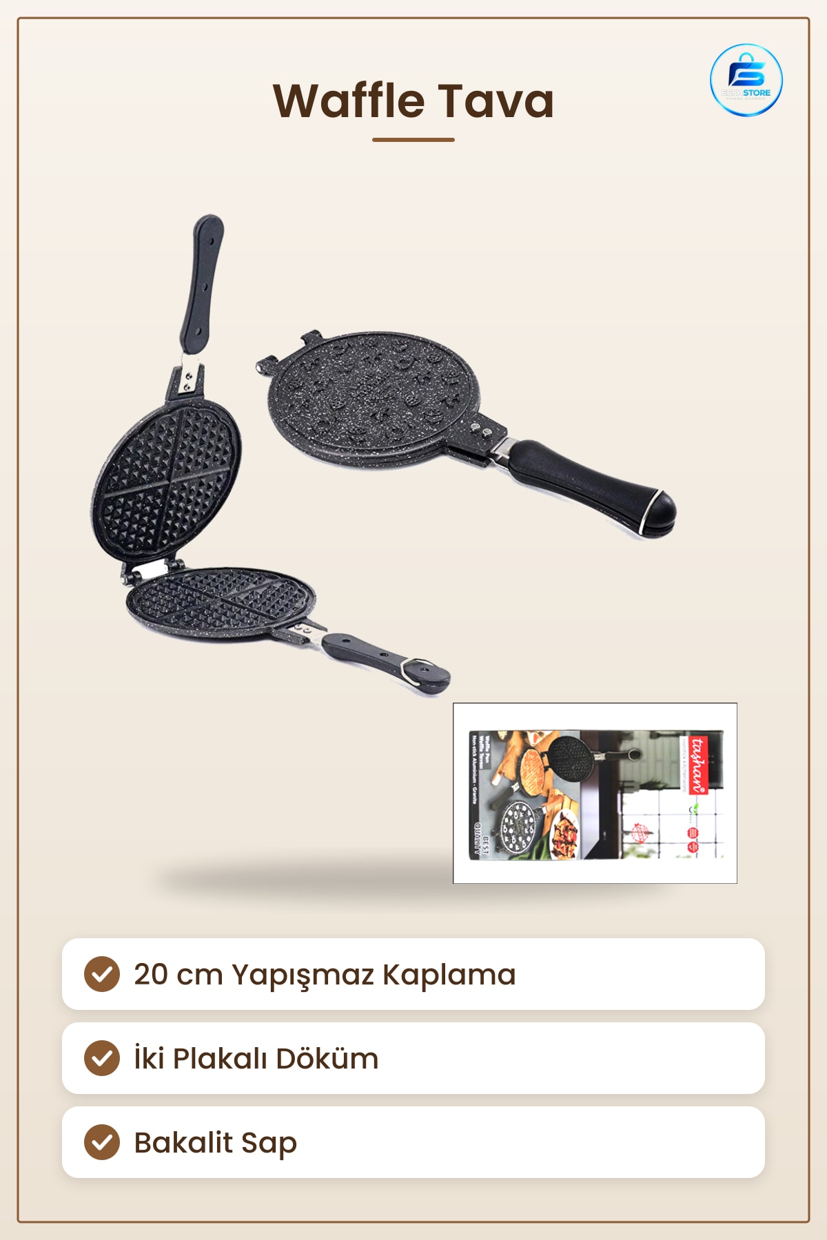 Waffle Tava 20 cm Granit Döküm Yapışmaz Kaplamalı Bakalit Saplı Kahvaltılık Mutfak Tavası