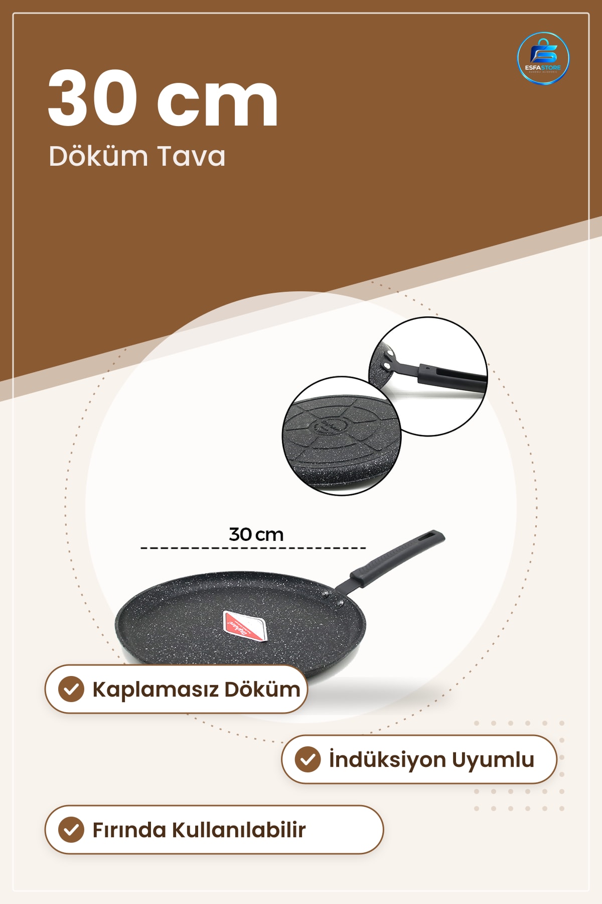 Döküm Krep Tava 30 cm Kaplamasız Pancake Gözleme Mutfak İçin İndüksiyon Uyumlu Fırında