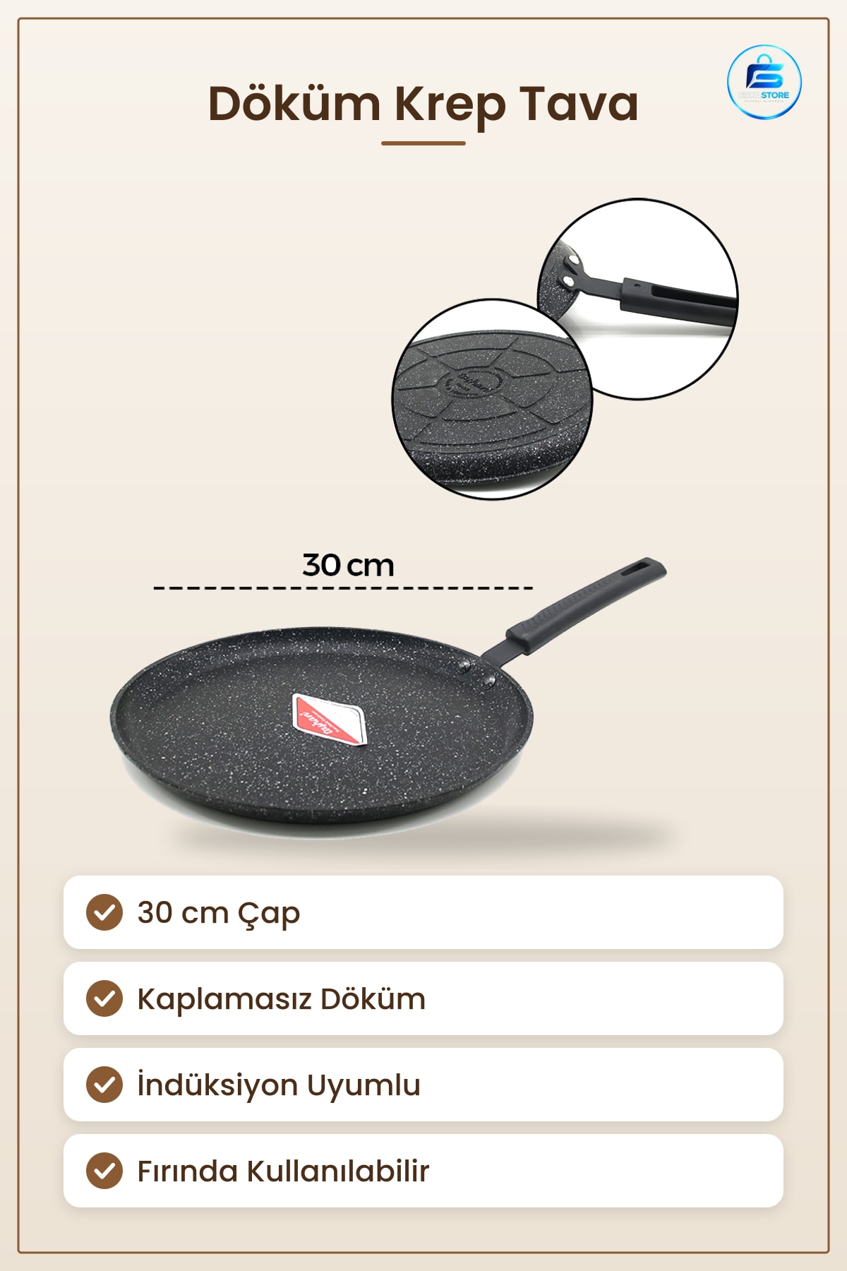 Döküm Krep Tava 30 cm Kaplamasız Pancake Gözleme Mutfak İçin İndüksiyon Uyumlu Fırında