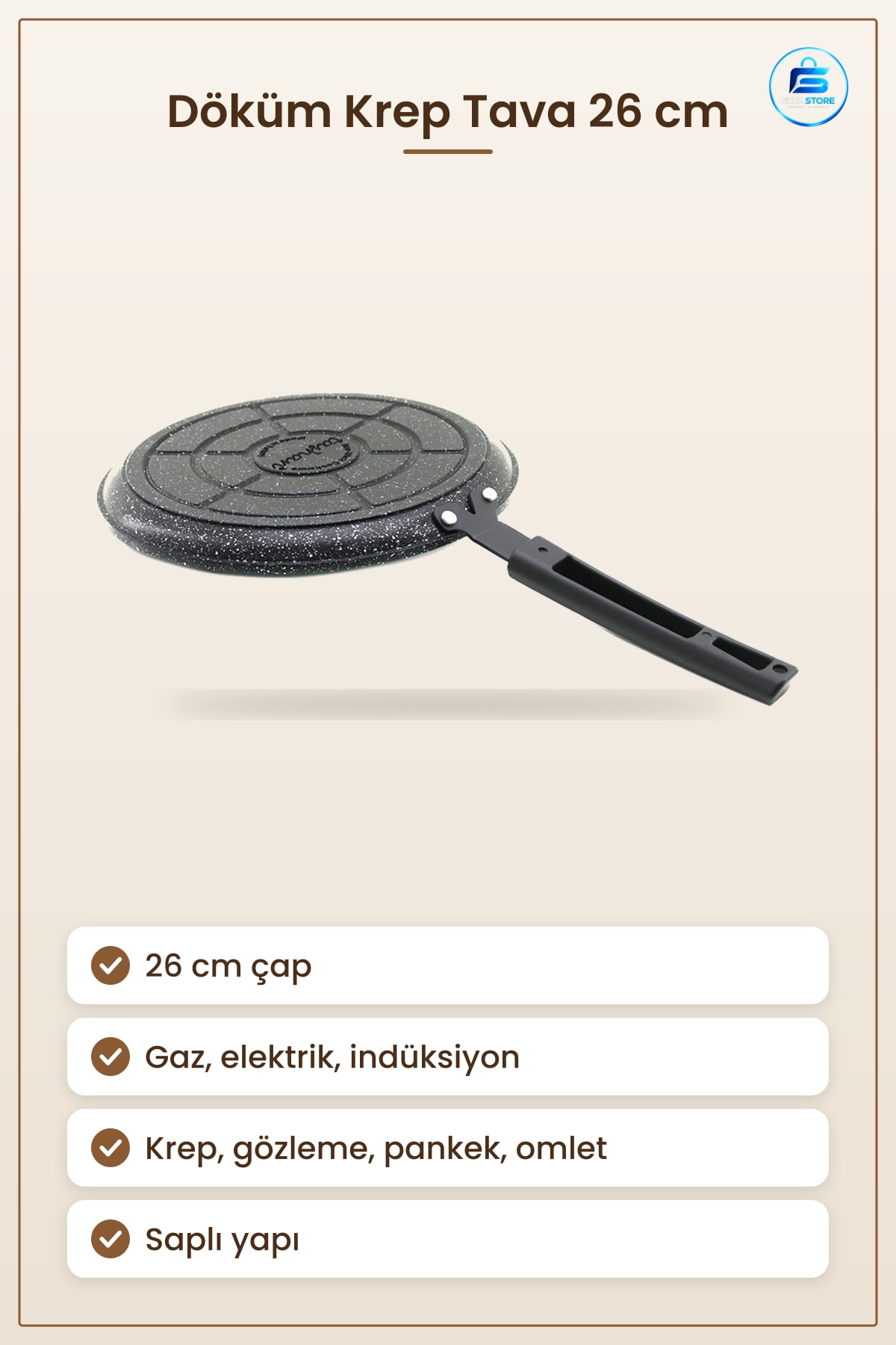 Döküm Krep Tava 26 cm İnce Hamur Gözleme Pankek Omlet Pişirme Mutfak Gaz Ocak Uyumlu
