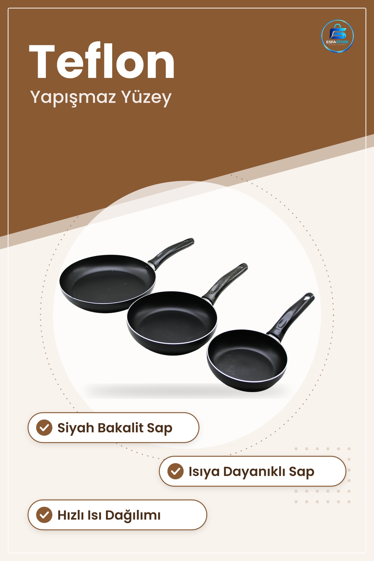 Teflon Kaplama Siyah Bakalit Saplı Ergonomik Yapışmaz Yüzeyli Mutfak Pişirme Tava Seti