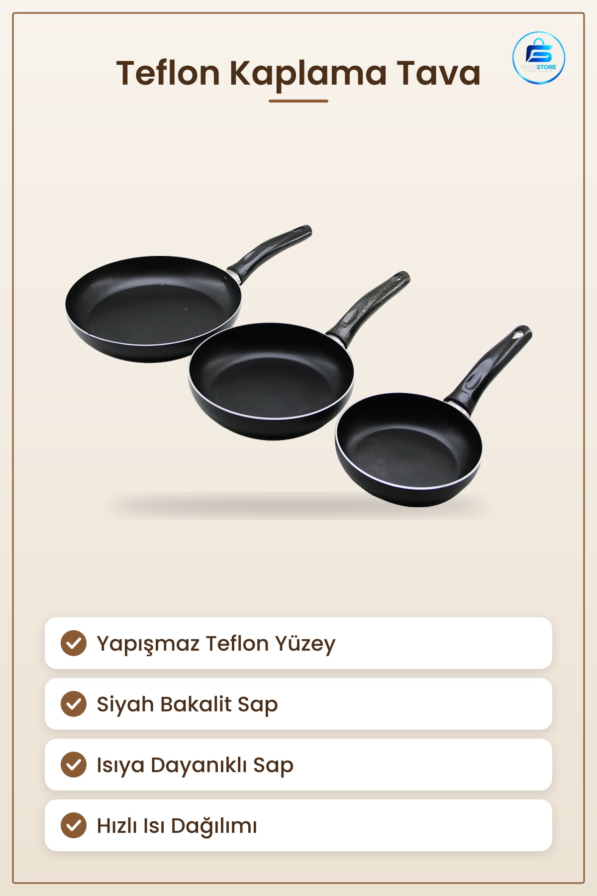 Teflon Kaplama Siyah Bakalit Saplı Ergonomik Yapışmaz Yüzeyli Mutfak Pişirme Tava Seti