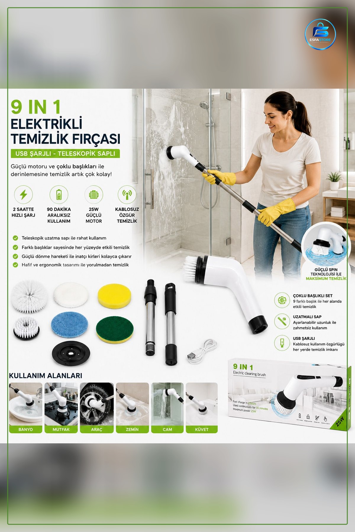 Şarjlı Elektrikli Temizlik Fırçası 9in1 25W Kablosuz Hızlı Banyo Mutfak Fırın Cam Başlıklı