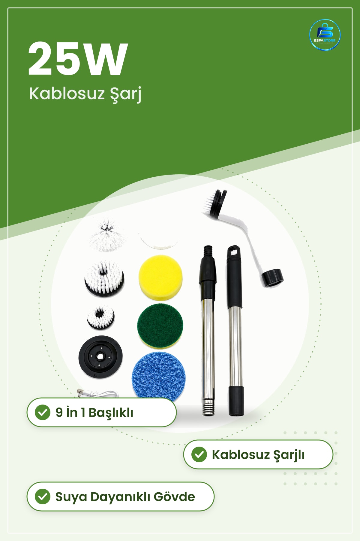 Şarjlı Elektrikli Temizlik Fırçası 9in1 25W Kablosuz Hızlı Banyo Mutfak Fırın Cam Başlıklı