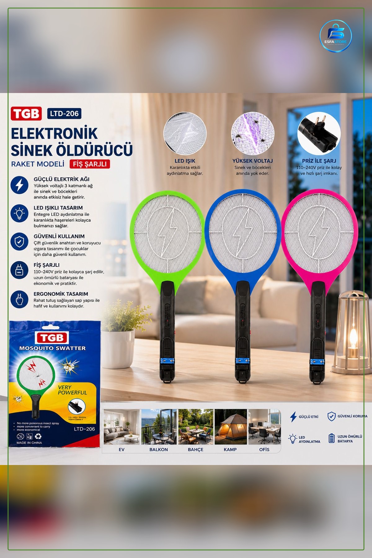 Fiş Şarjlı Elektronik Sinek Öldürücü Raket İlaçsız Balkon Bahçe Mutfak Haşere Kovucu