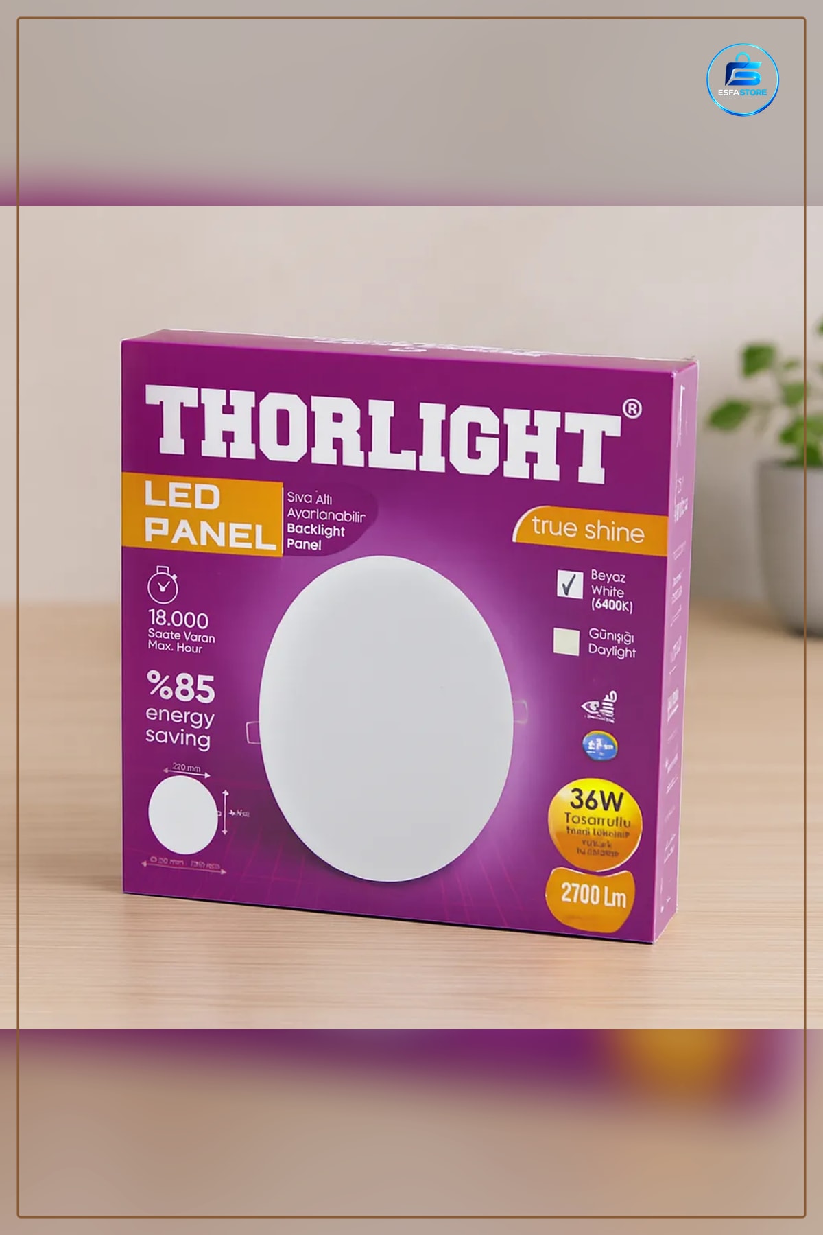 LED Armatür Panel 36W 22 cm Yuvarlak Beyaz Sıva Altı Mandallı 6400K lm Tavan Aydınlatma