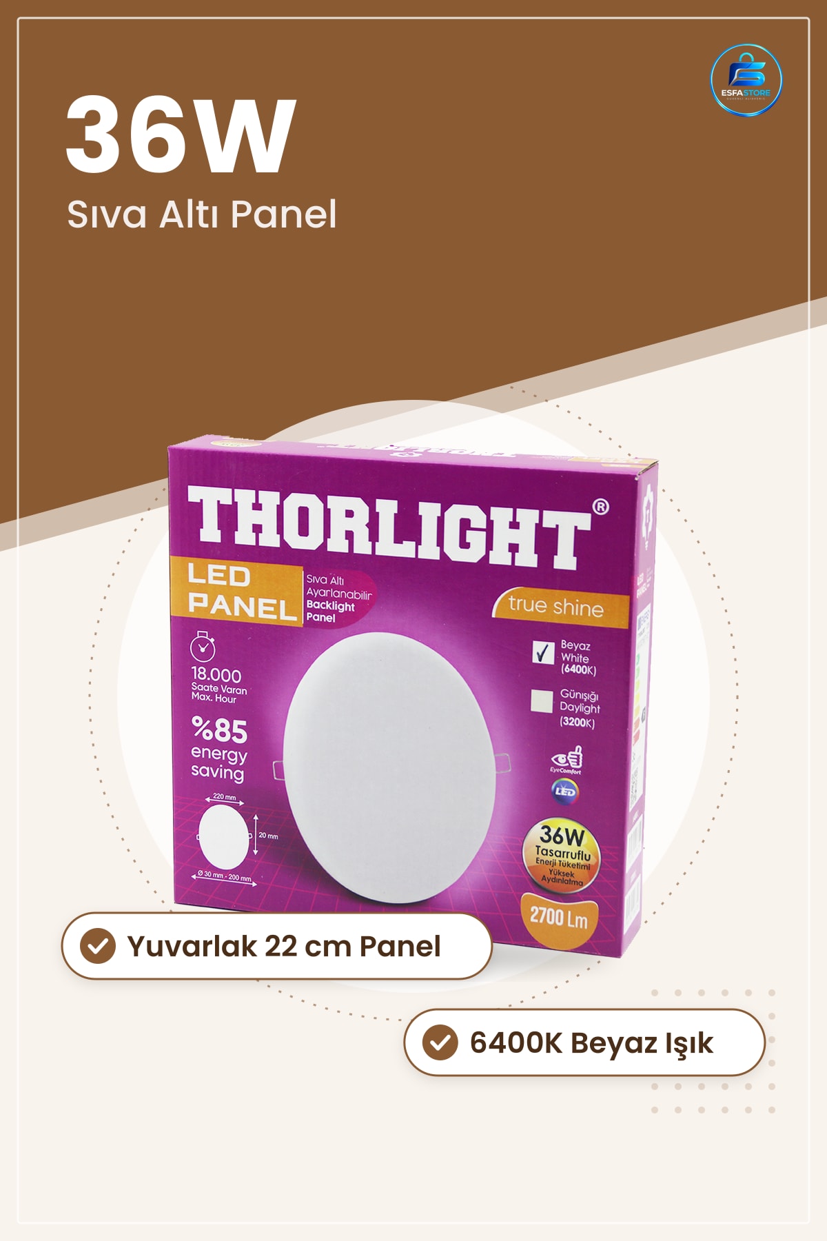 LED Armatür Panel 36W 22 cm Yuvarlak Beyaz Sıva Altı Mandallı 6400K lm Tavan Aydınlatma