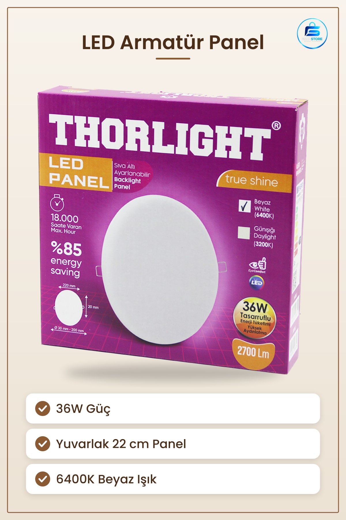 LED Armatür Panel 36W 22 cm Yuvarlak Beyaz Sıva Altı Mandallı 6400K lm Tavan Aydınlatma