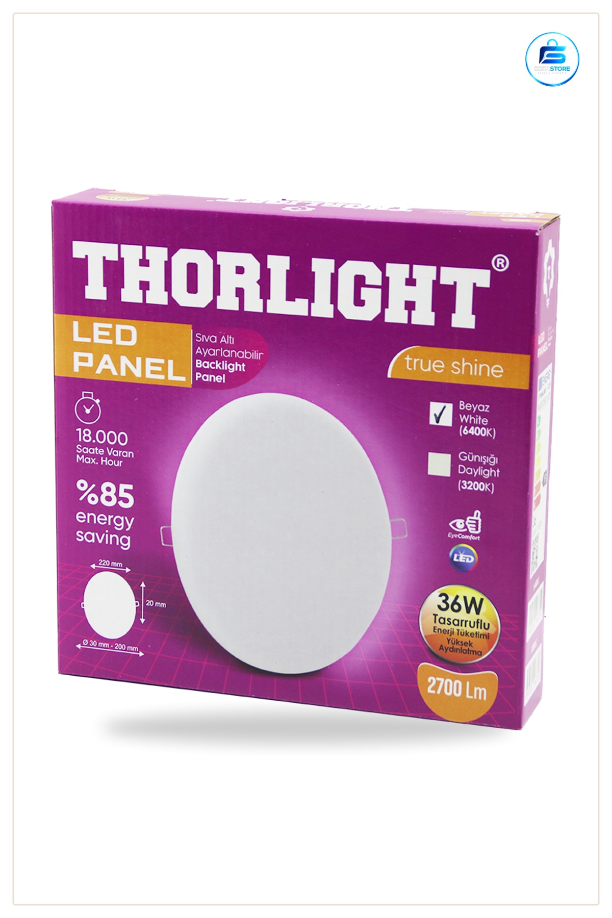 LED Armatür Panel 36W 22 cm Yuvarlak Beyaz Sıva Altı Mandallı 6400K lm Tavan Aydınlatma