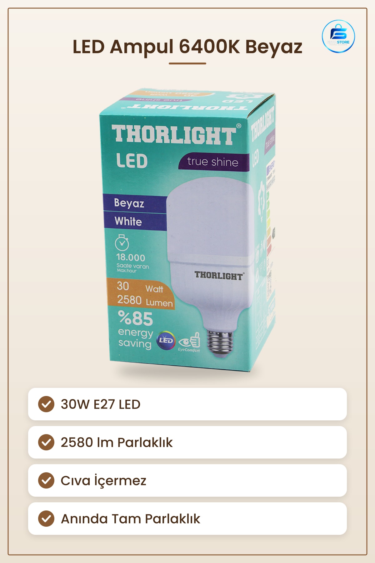 LED Ampul 30W E27 lm 6400K T Shape Beyaz Işık Ev Ofis Mağaza Aydınlatma Yüksek Parlaklık