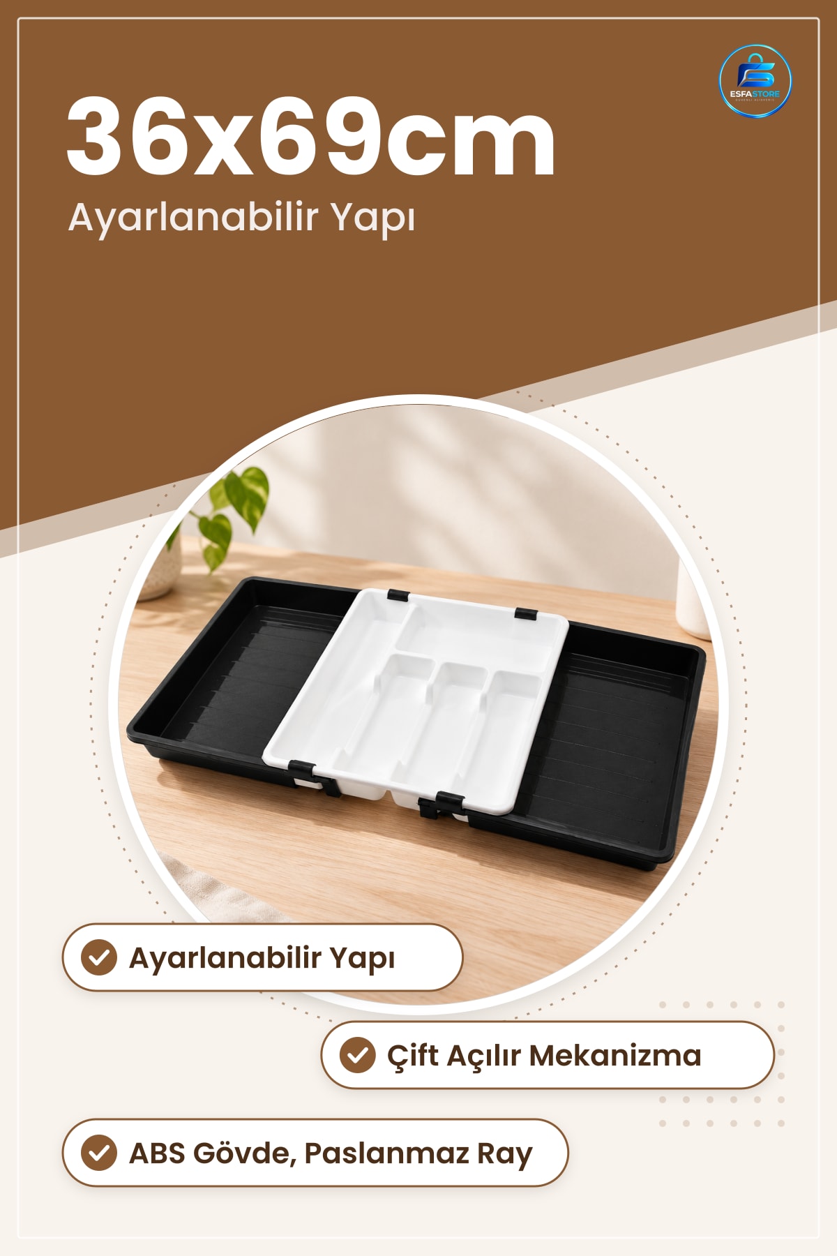 Ayarlanabilir Kayar Kaşıklık Çekmece İçi 36x69cm Mutfak Çatal Bıçak Düzenleyici Organizer