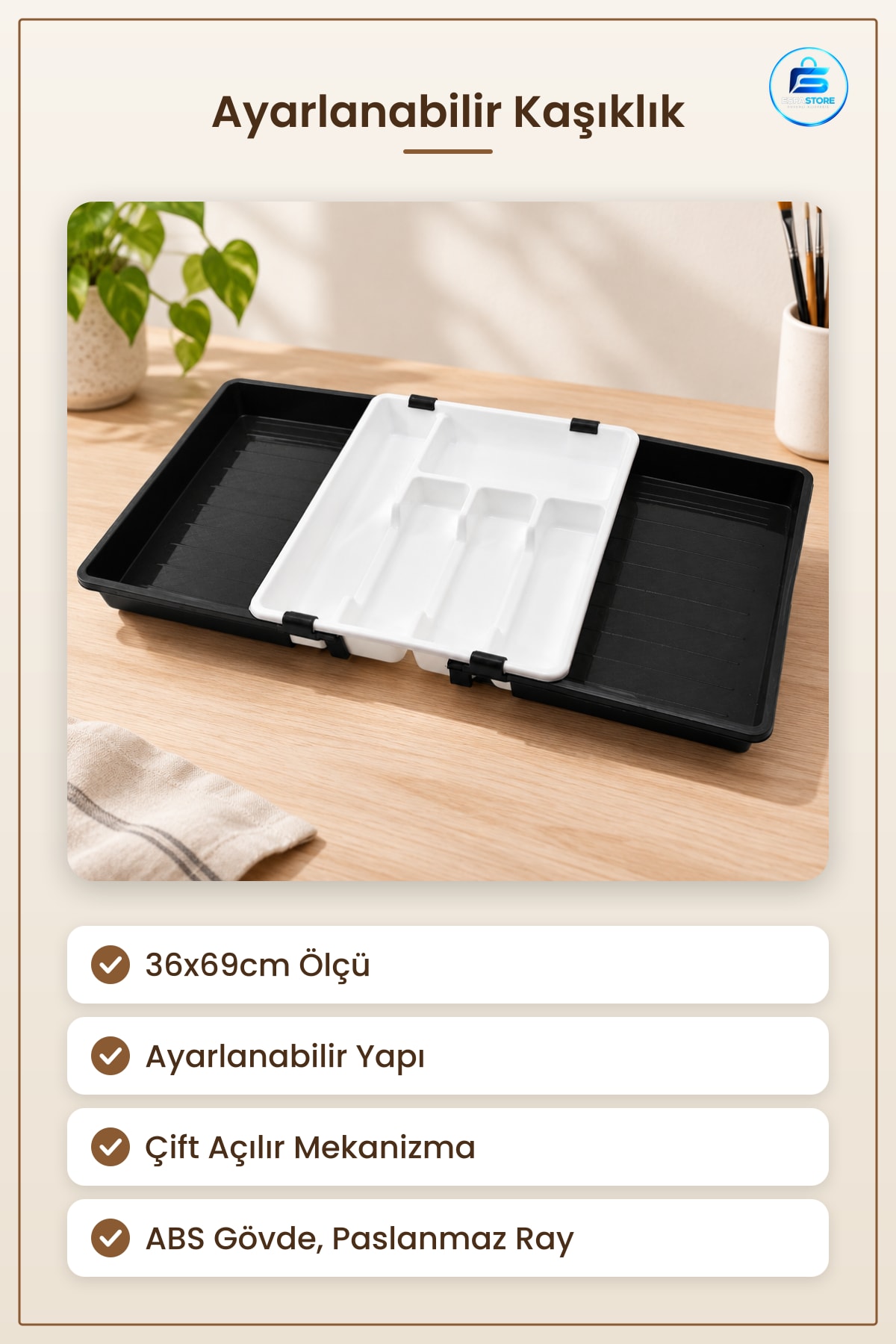 Ayarlanabilir Kayar Kaşıklık Çekmece İçi 36x69cm Mutfak Çatal Bıçak Düzenleyici Organizer