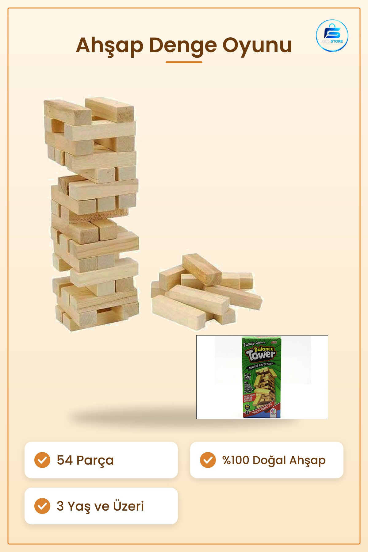 Ahşap Denge Oyunu 54 Parça Jenga Yapı Oyuncağı Doğal Malzeme Çocuk Aile Kule Blok Beceri Eğitici