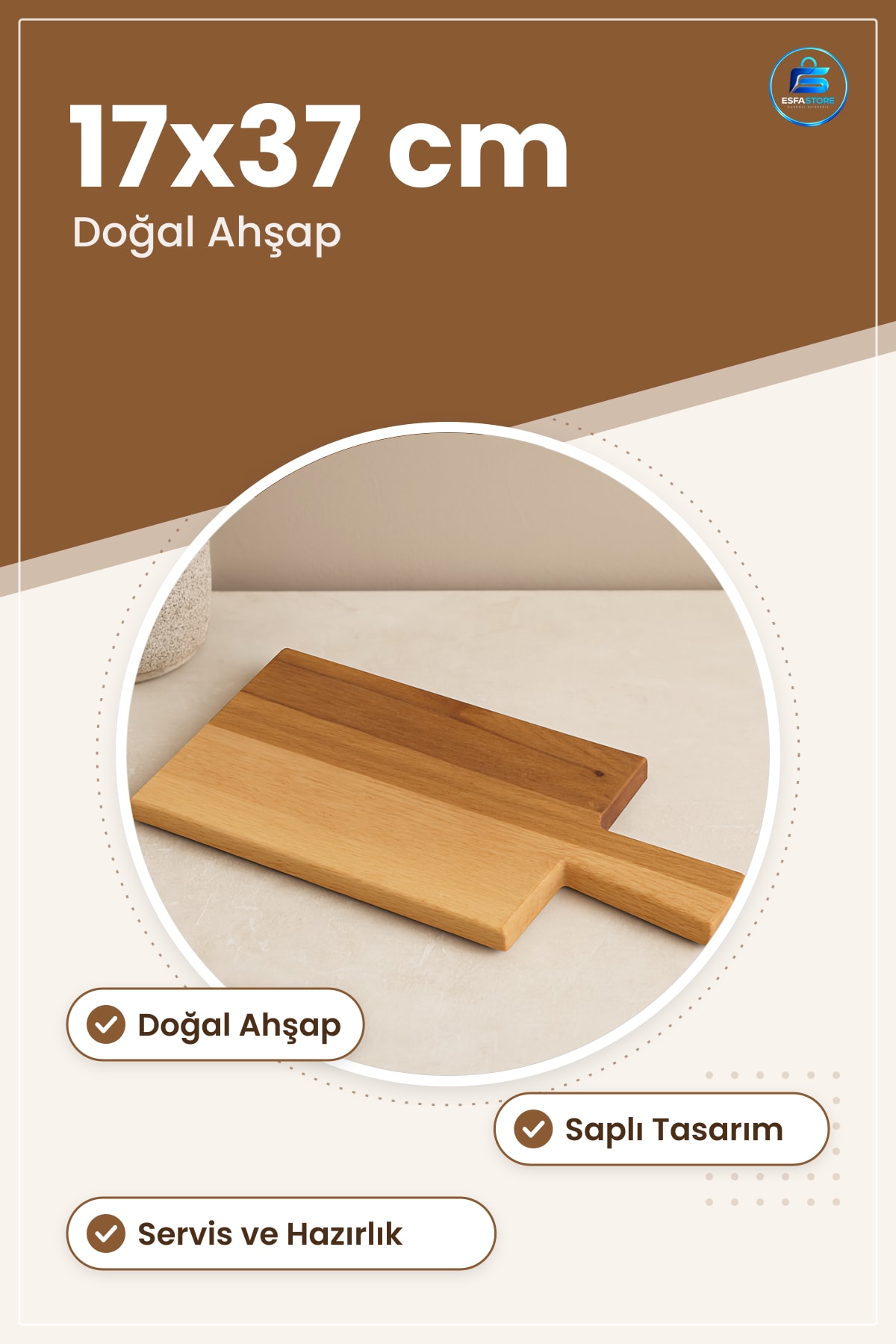 Doğal Ahşap Saplı Kesme Tahtası 17x37 cm Kesim Panosu Mutfak Servis Ekmek Sebze Meyve Hazırlık