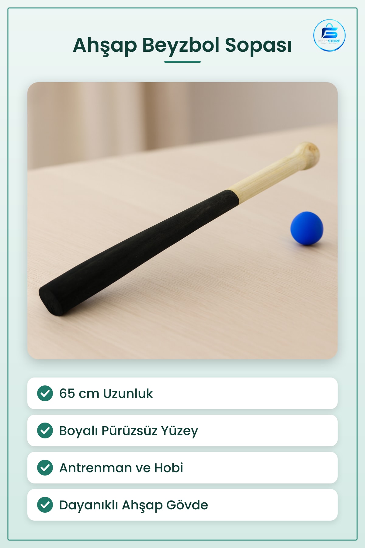 Ahşap Beyzbol Sopası 65 cm Boyalı Dayanıklı Pürüzsüz Antrenman Eğitim Hobi Spor Ekipmanı