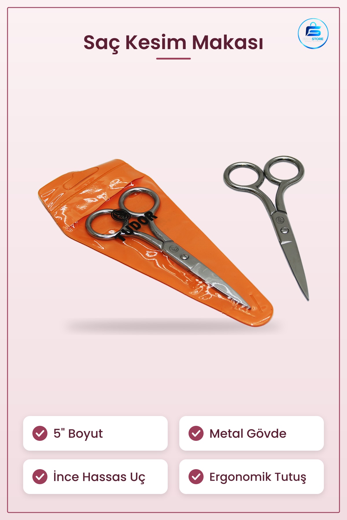 Saç Kesim Makası 5" Metal Bıyık ve Sakal Berber Hassas Uç Kişisel Bakım Ergonomik Tutuşlu