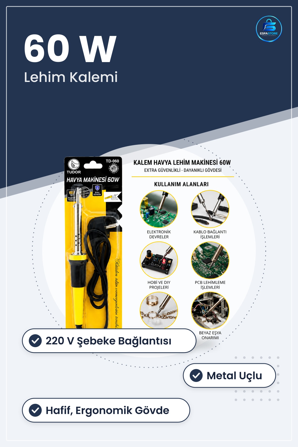 Kalem Havya 60W 220V Lehim Makinesi Elektronik Devre Hobi Tamir Lehimleme Aleti Metal Uçlu