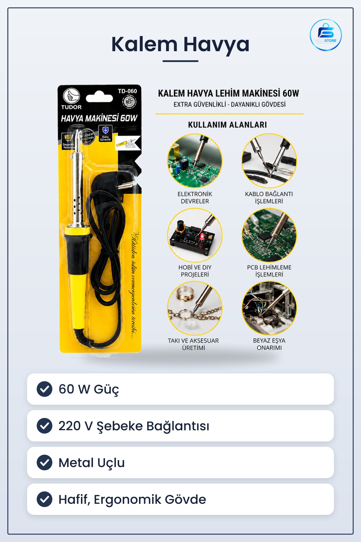 Kalem Havya 60W 220V Lehim Makinesi Elektronik Devre Hobi Tamir Lehimleme Aleti Metal Uçlu