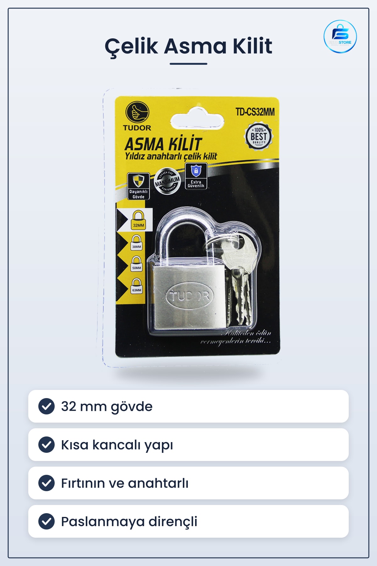 Asma Kilit 32 mm Çelik Kısa Kancalı Gri Yıldız Anahtarlı Güvenlik Kilidi Dolap Kapı Depo