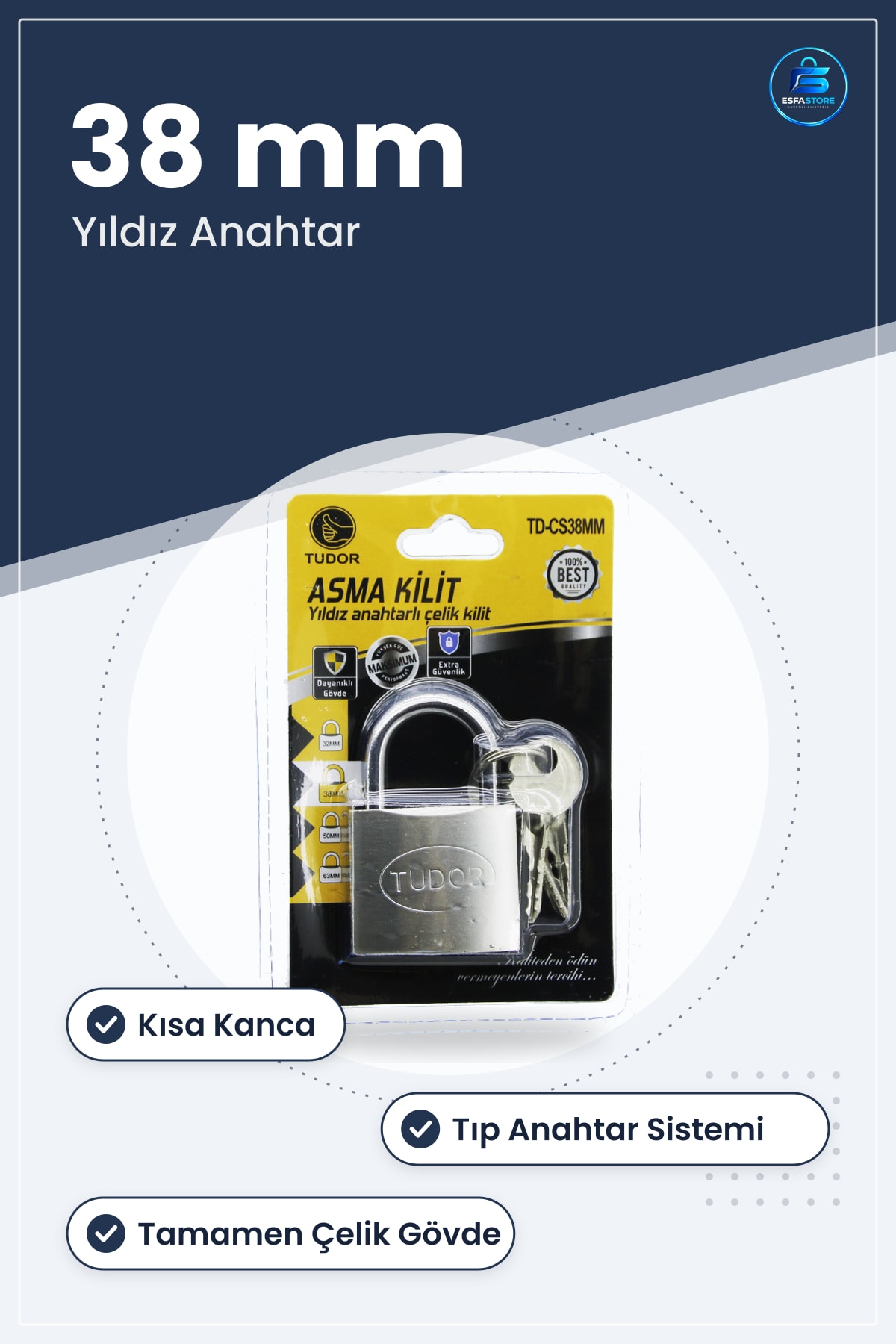 Çelik Asma Kilit 38mm Kısa Kanca Yıldız ve Çivi Anahtarlı Kapı Dolap Depo Güvenlik Kilidi