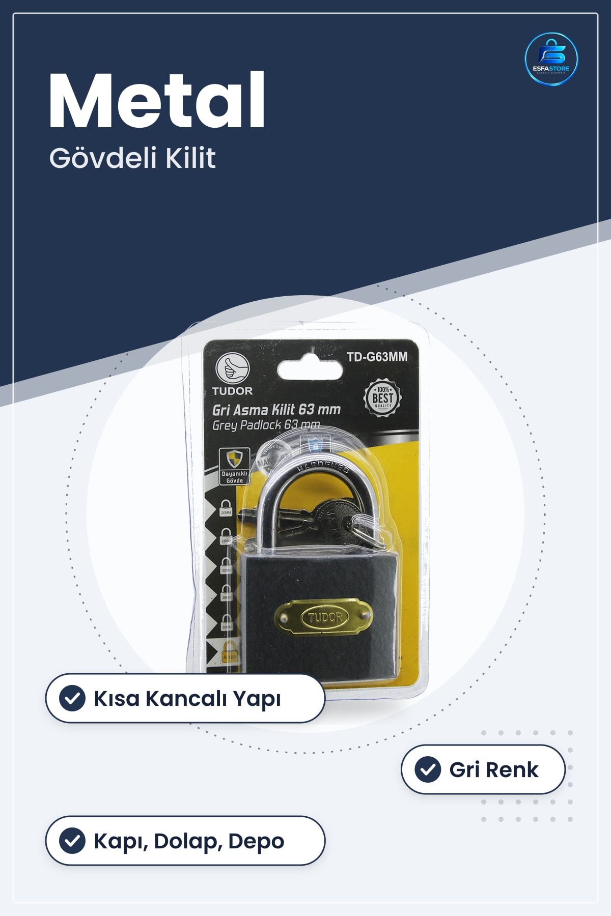 Asma Kilit Gri Kısa Kancalı Metal Gövdeli Güvenlik Kilidi Kapı Dolap Depo Garaj Seyahat Eşyası