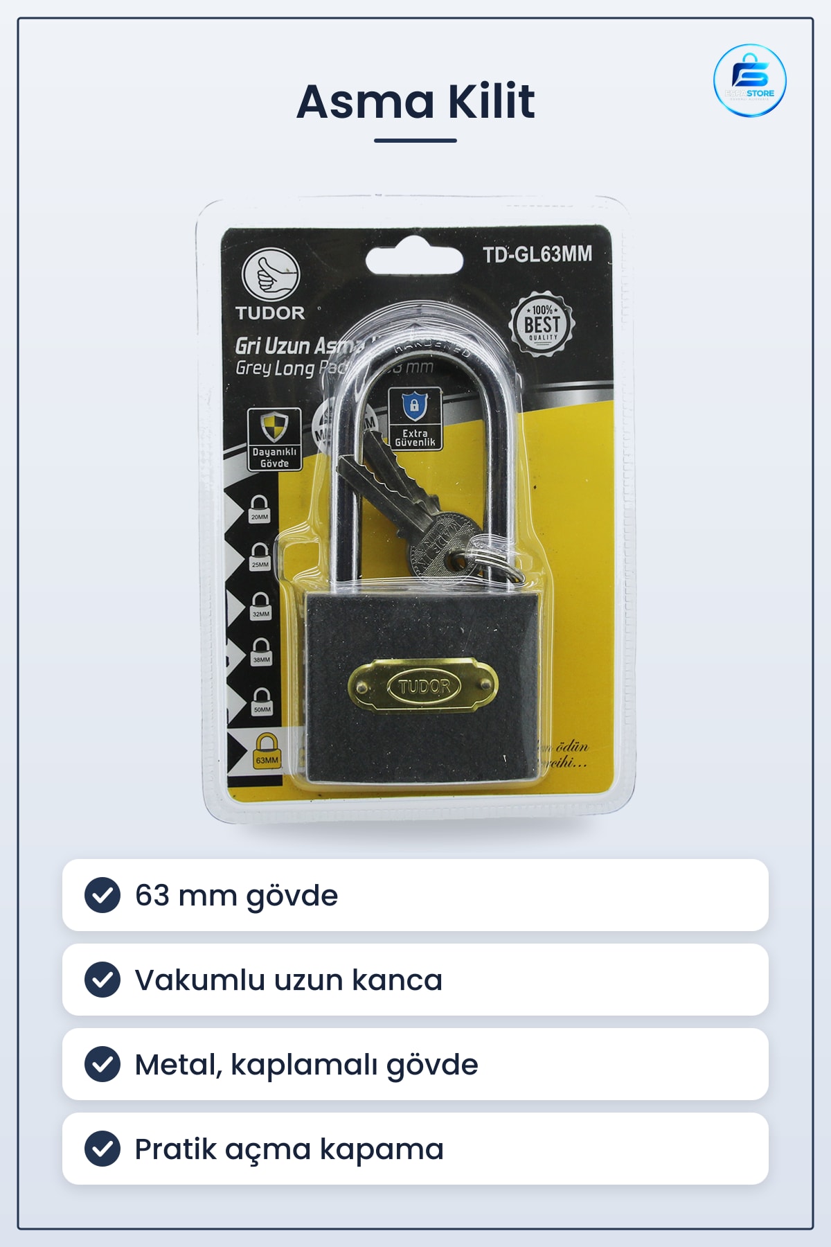 Asma Kilit Vakumlu Uzun Kanca 63 mm Metal Gövde Kapı Dolap Bisiklet Güvenlik Dayanıklı Kaplamalı