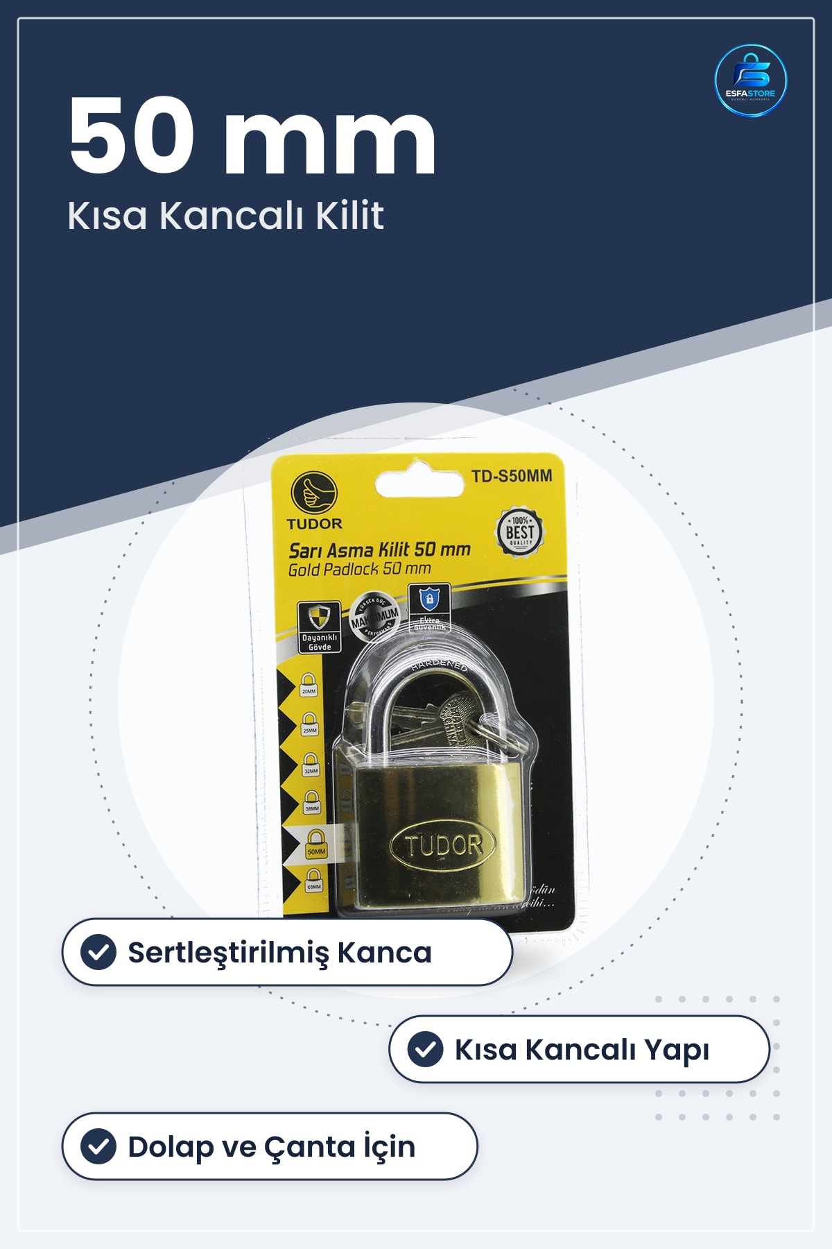 Sarı Asma Kilit 50 mm Kısa Kancalı Sertleştirilmiş Dolap ve Çanta İçin Güvenlik Kilidi