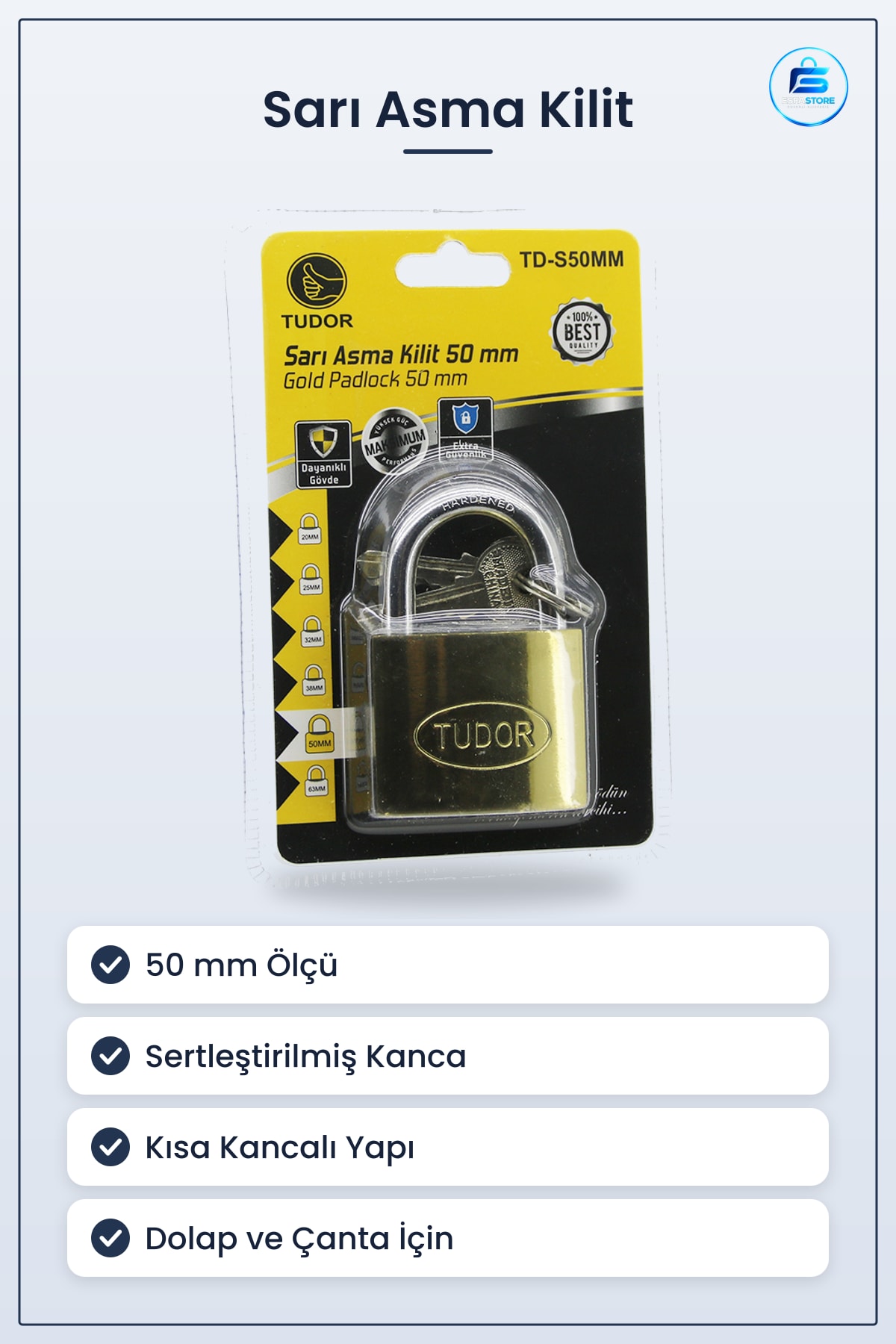 Sarı Asma Kilit 50 mm Kısa Kancalı Sertleştirilmiş Dolap ve Çanta İçin Güvenlik Kilidi