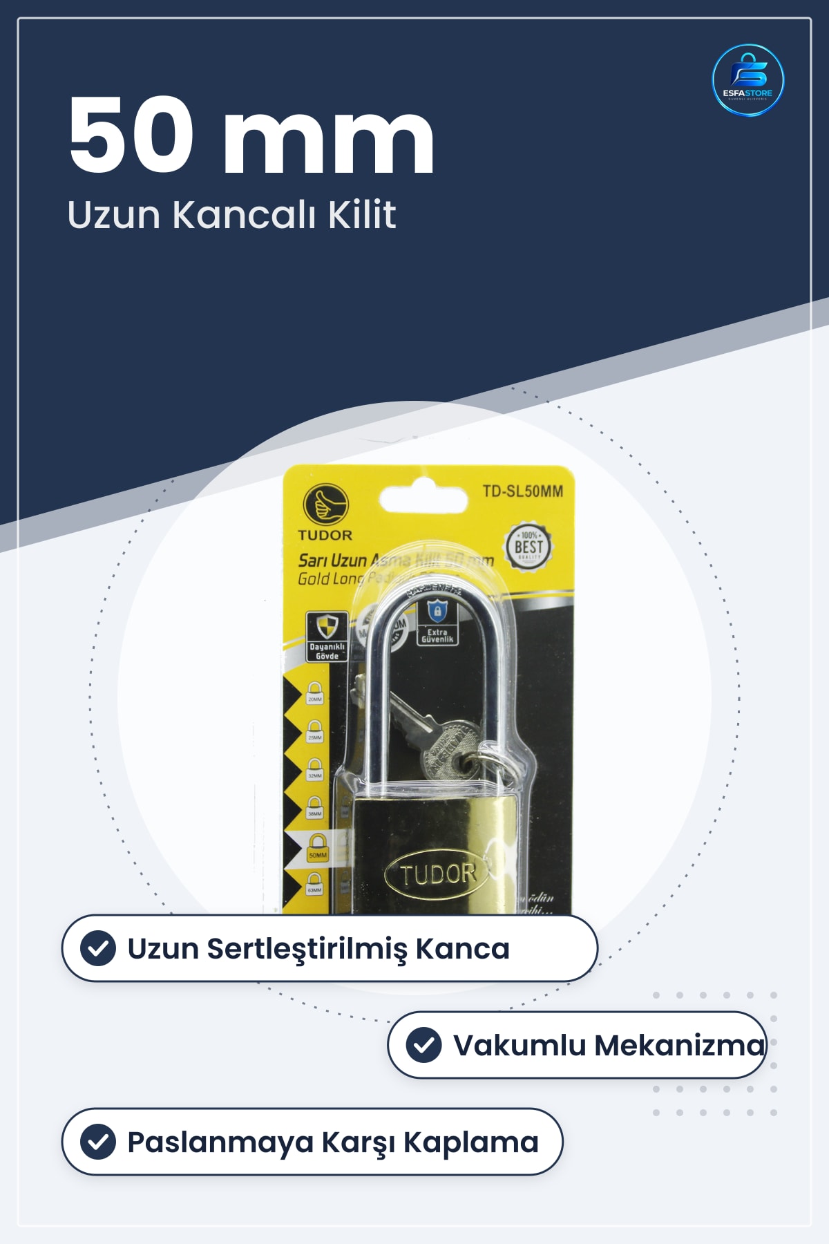 Asma Kilit 50mm Uzun Kancalı Vakumlu Sarı Güvenlik Kilidi Kapı Dolap Depo Garaj Dayanıklı