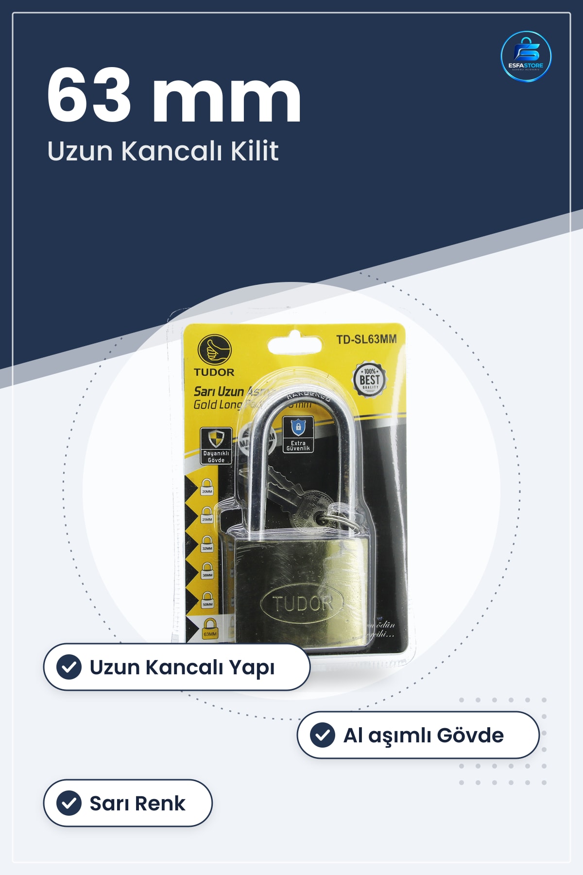 Asma Kilit 63mm Uzun Kancalı Sarı Dayanıklı Alaşımlı Gövde Güvenlik Kilidi Ev Depo Çanta