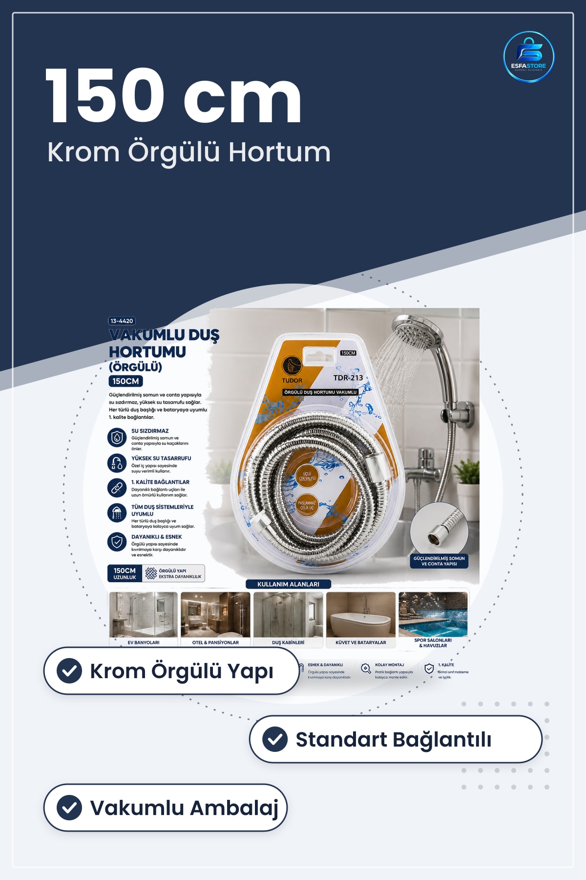 Krom Örgülü Vakumlu Duş Sistemi Hortumu 150 cm Banyo Esnek Paslanmaz Metal Bağlantı Uyumlu
