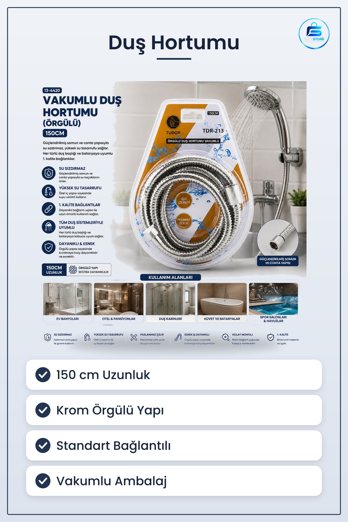 Krom Örgülü Vakumlu Duş Sistemi Hortumu 150 cm Banyo Esnek Paslanmaz Metal Bağlantı Uyumlu