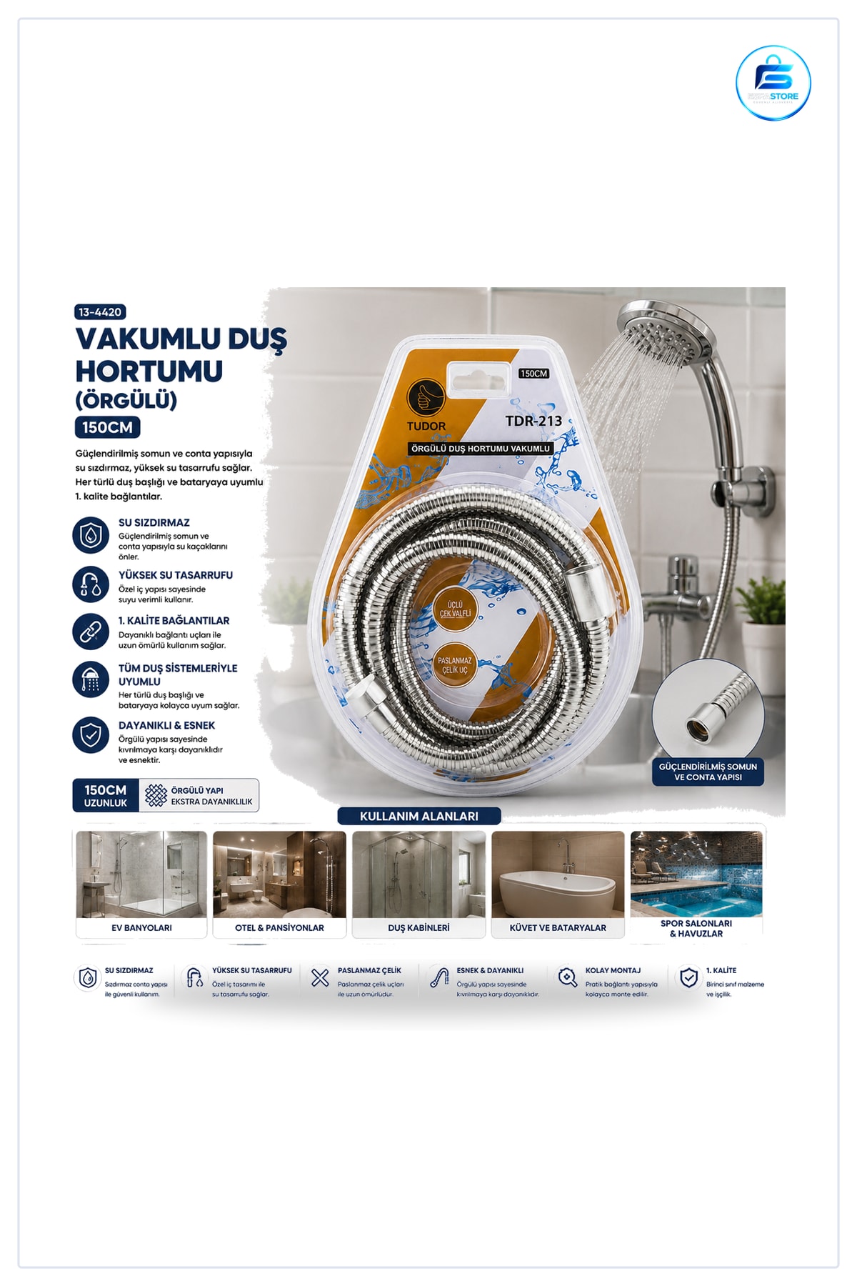 Krom Örgülü Vakumlu Duş Sistemi Hortumu 150 cm Banyo Esnek Paslanmaz Metal Bağlantı Uyumlu