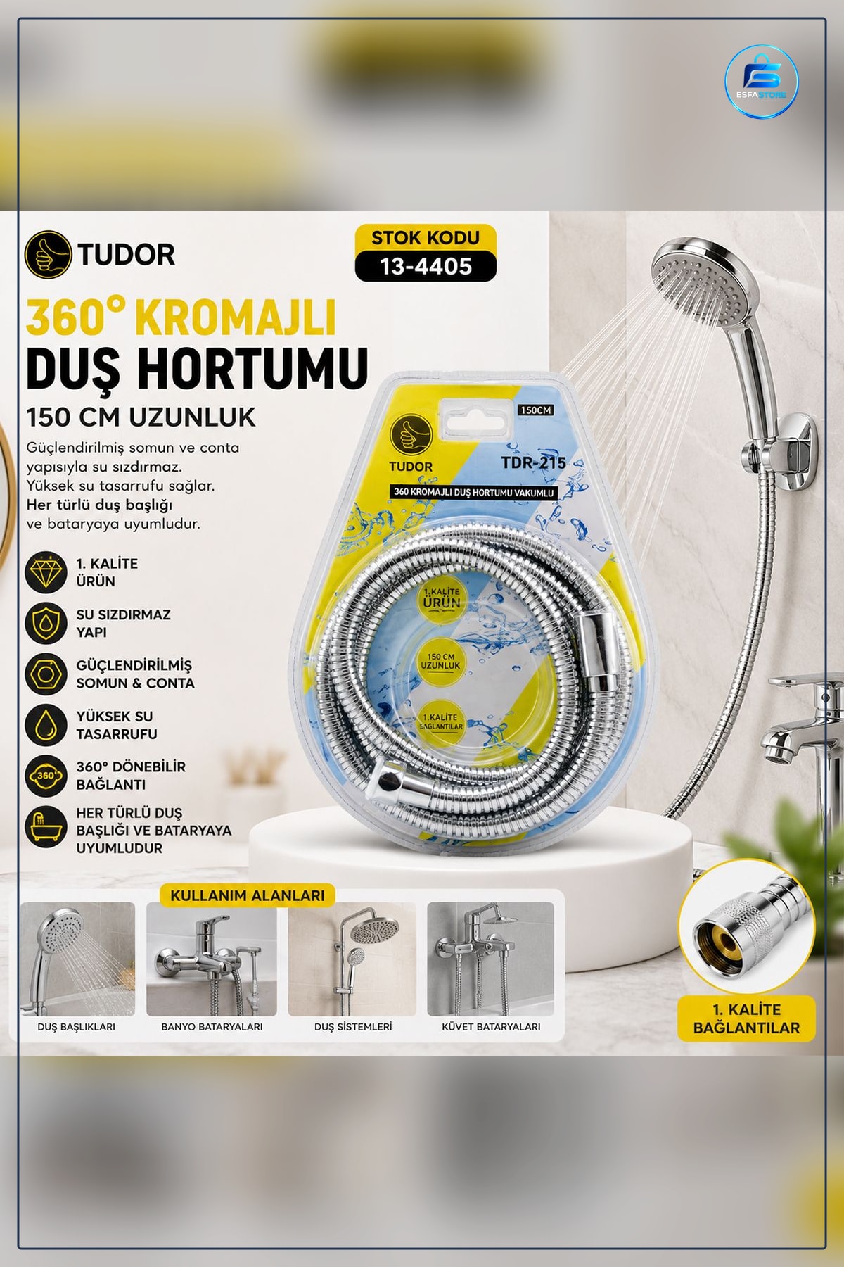 Metal Duş Sistemi Hortumu 150 cm ° Döner Krom Kaplamalı Esnek Banyo Armatür Bağlantılı