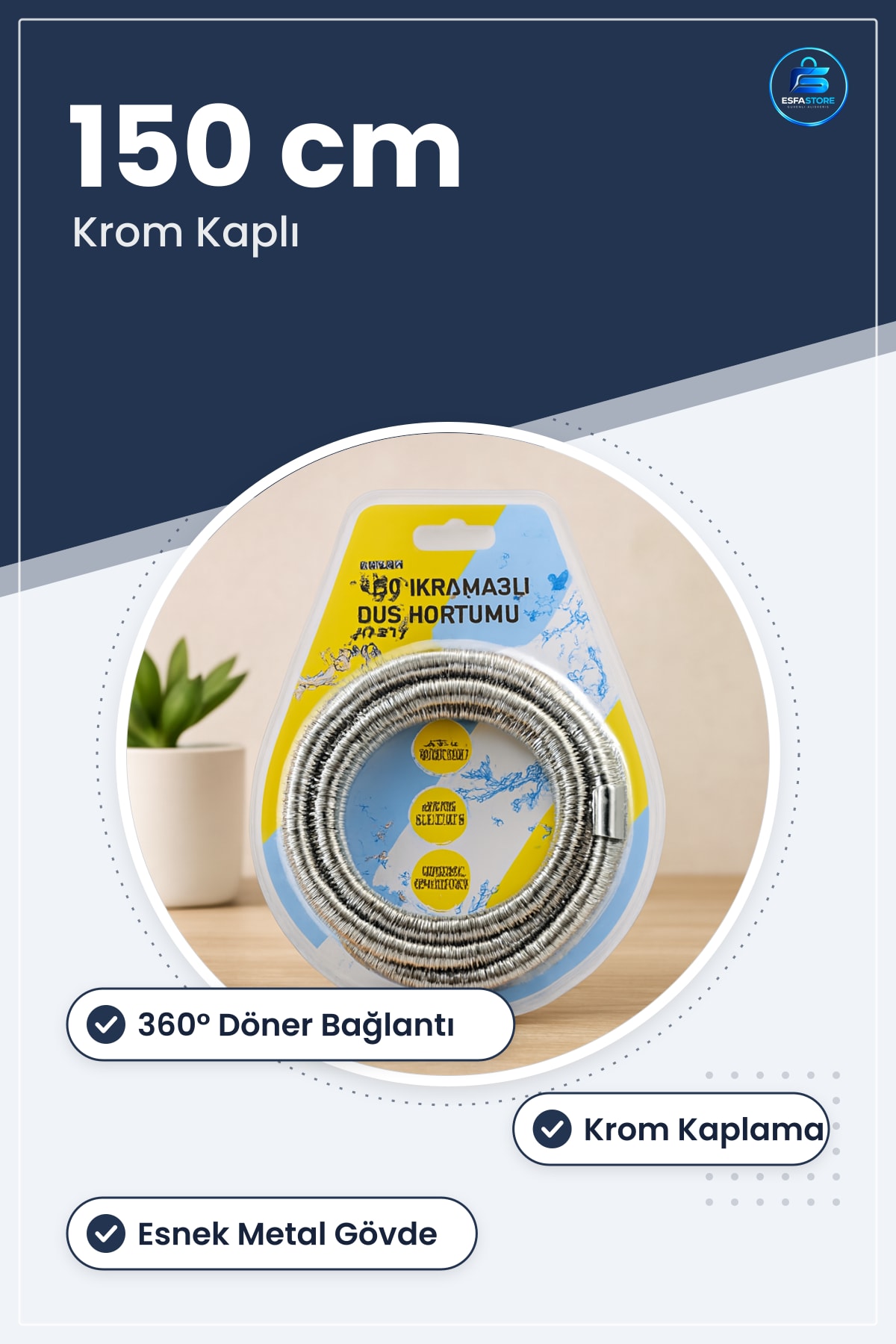 Metal Duş Sistemi Hortumu 150 cm ° Döner Krom Kaplamalı Esnek Banyo Armatür Bağlantılı