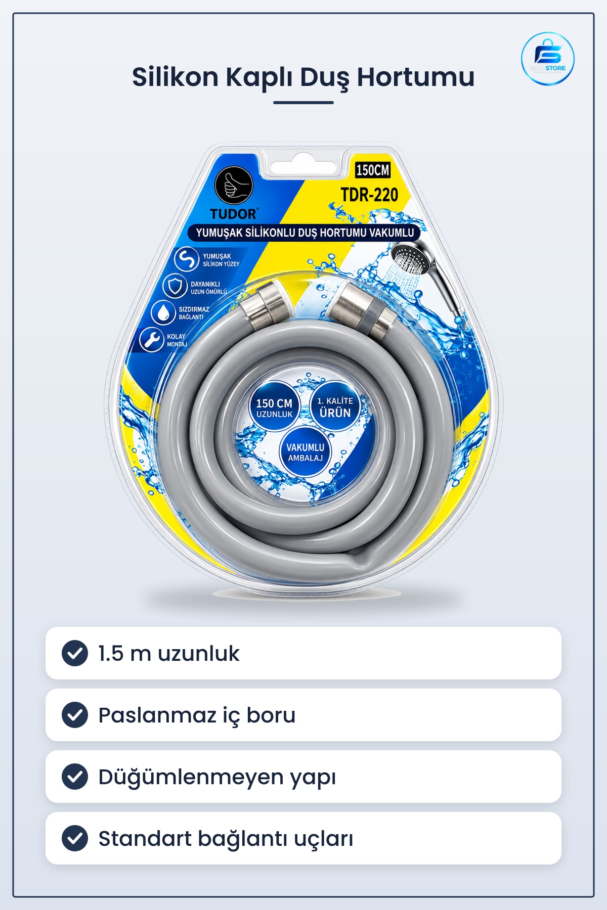 Duş Hortumu Yumuşak Silikon 1.5 m Paslanmaz Banyo Tesisatı Esnek Düğümlenmez Sızdırmaz Bağlantı