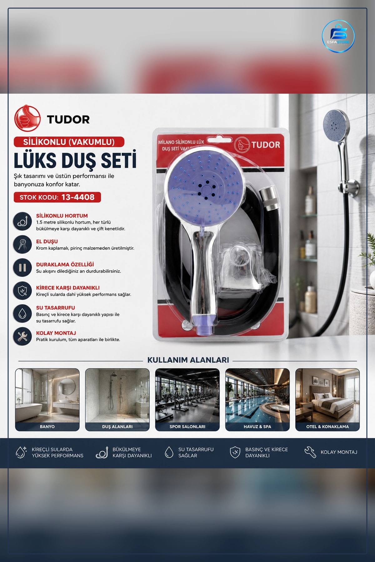Vakumlu Silikon Duş Sistemi Seti 1.5m Çok Fonksiyonlu Başlık 3 Kademe Mafsal Banyo Lüks