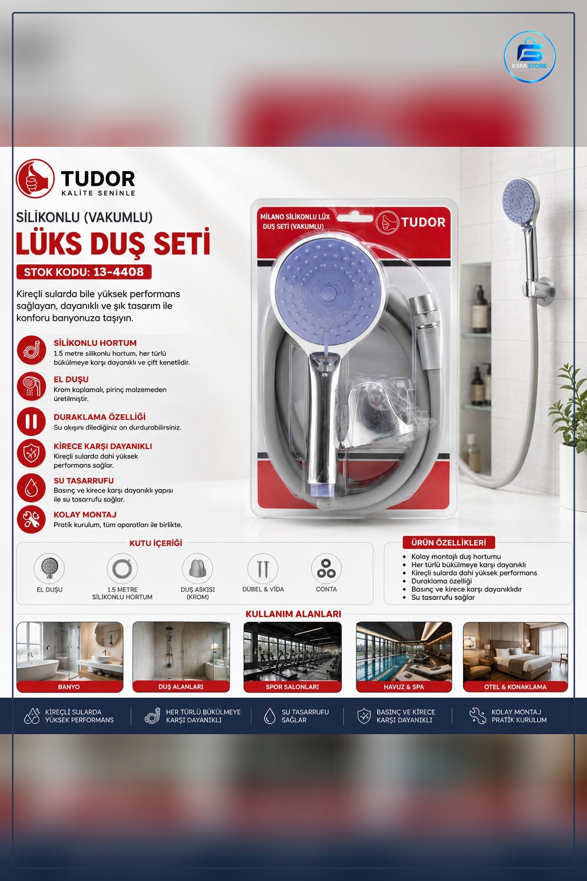 Vakumlu Silikon Duş Sistemi Seti 1.5m Çok Fonksiyonlu Başlık 3 Kademe Mafsal Banyo Lüks