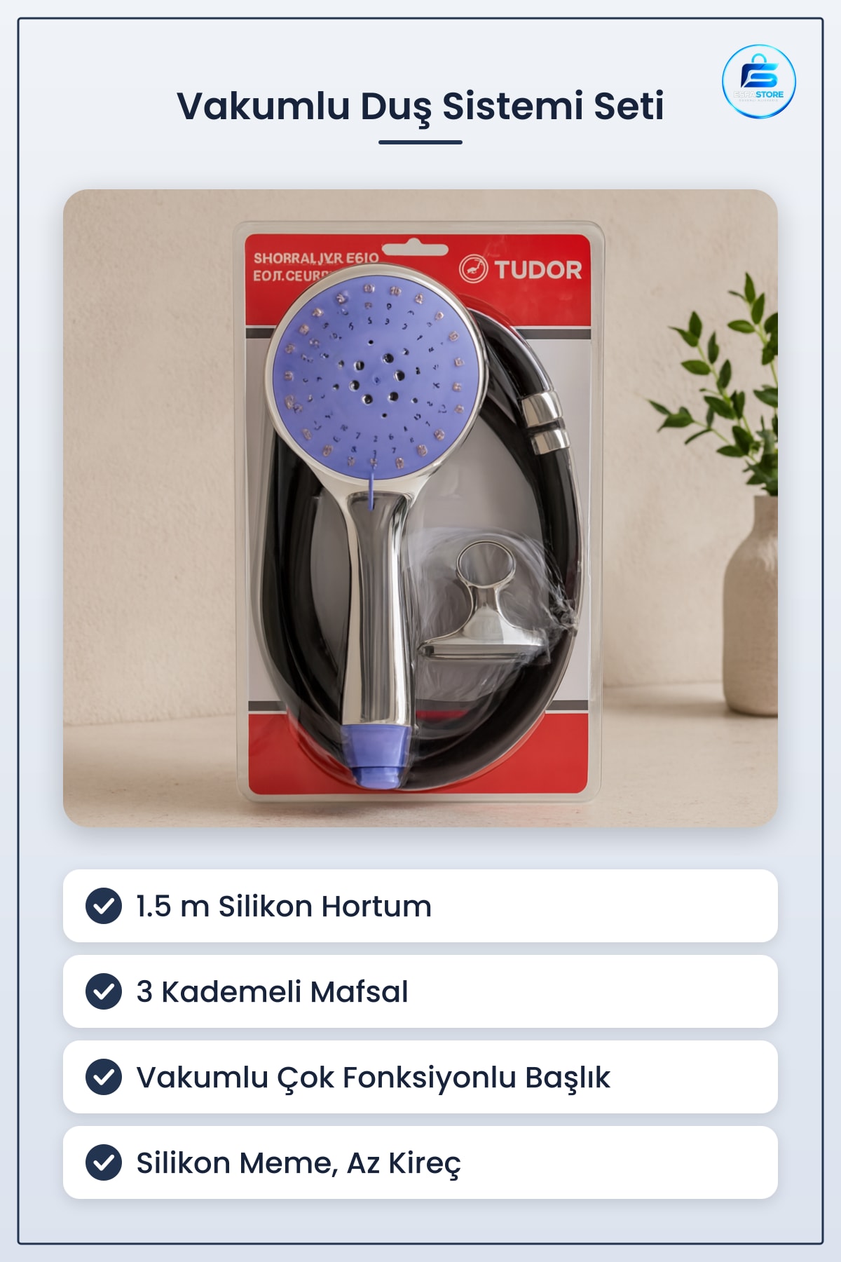 Vakumlu Silikon Duş Sistemi Seti 1.5m Çok Fonksiyonlu Başlık 3 Kademe Mafsal Banyo Lüks