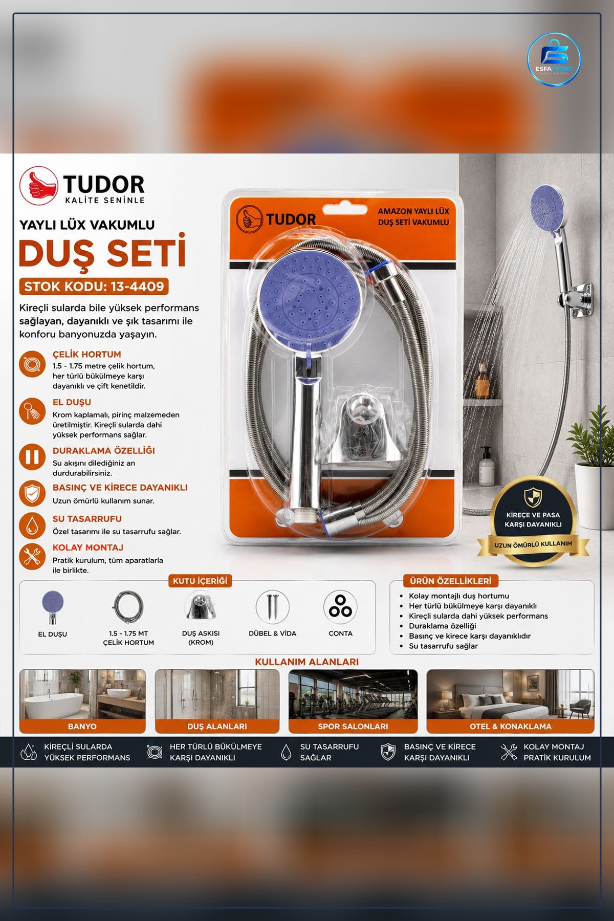 Krom Vakumlu Lüks Duş Sistemi 150 cm Metal Yaylı Hortum El Duşu Askılı Banyo Seti Dayanıklı