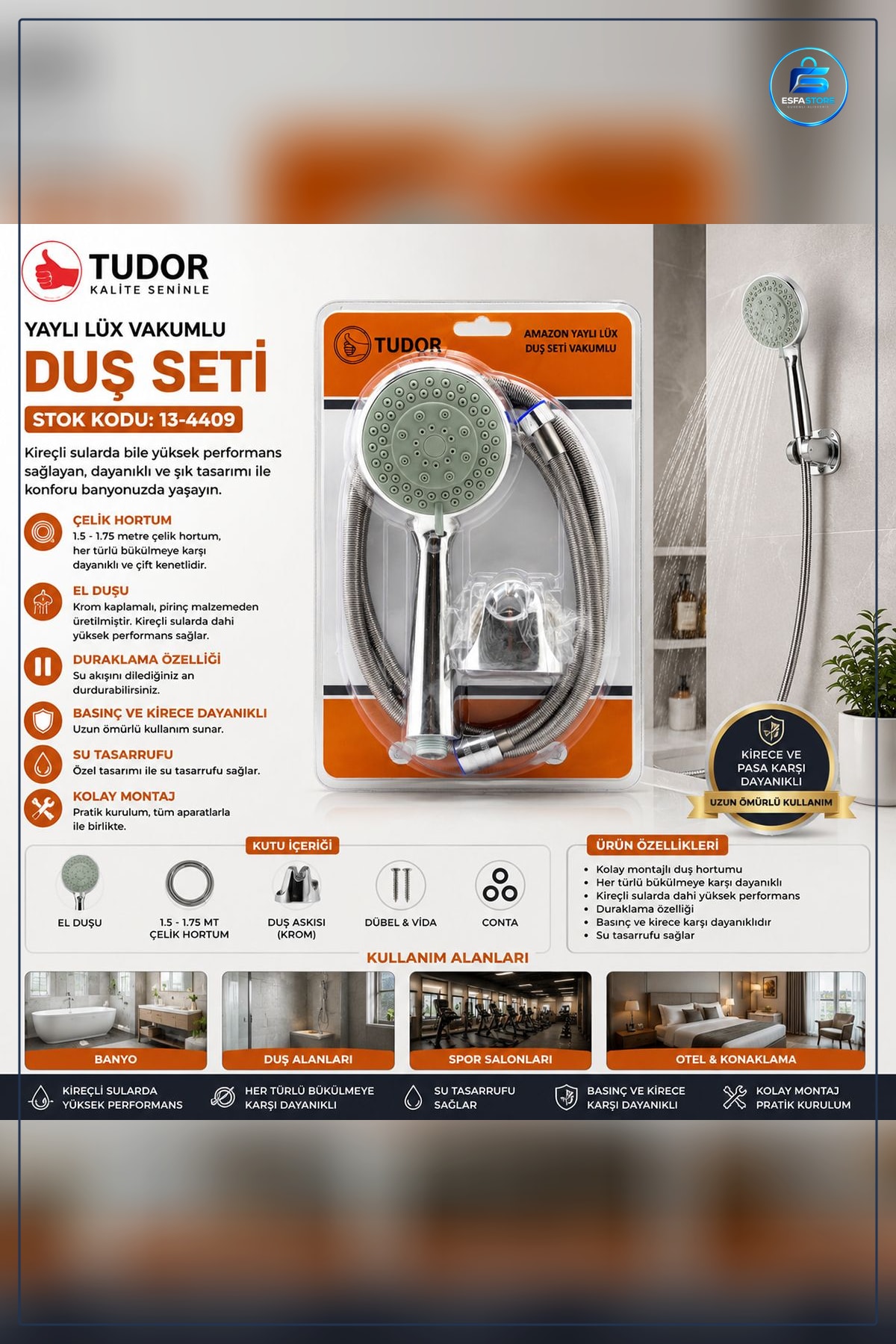 Krom Vakumlu Lüks Duş Sistemi 150 cm Metal Yaylı Hortum El Duşu Askılı Banyo Seti Dayanıklı