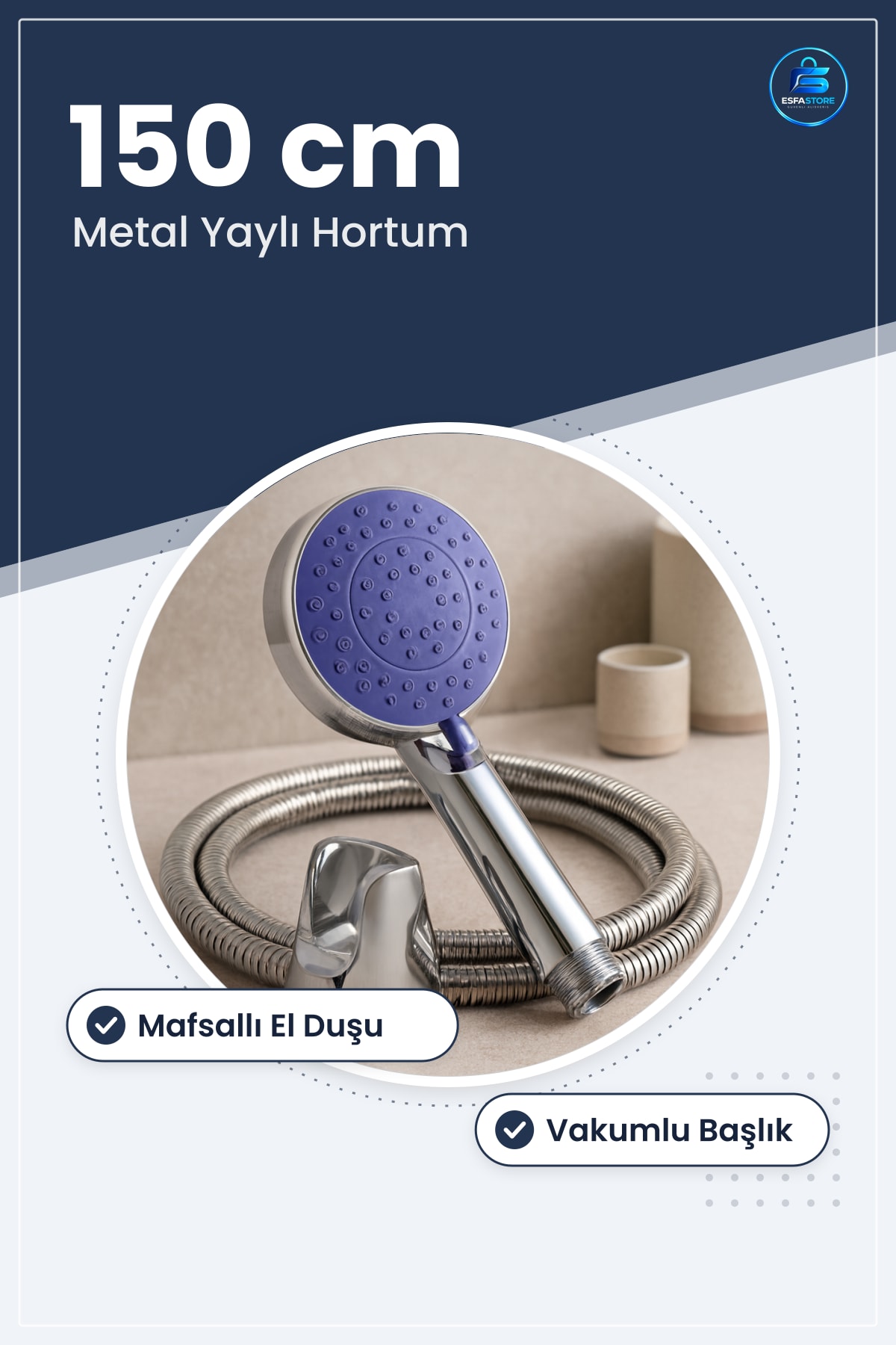 Krom Vakumlu Lüks Duş Sistemi 150 cm Metal Yaylı Hortum El Duşu Askılı Banyo Seti Dayanıklı